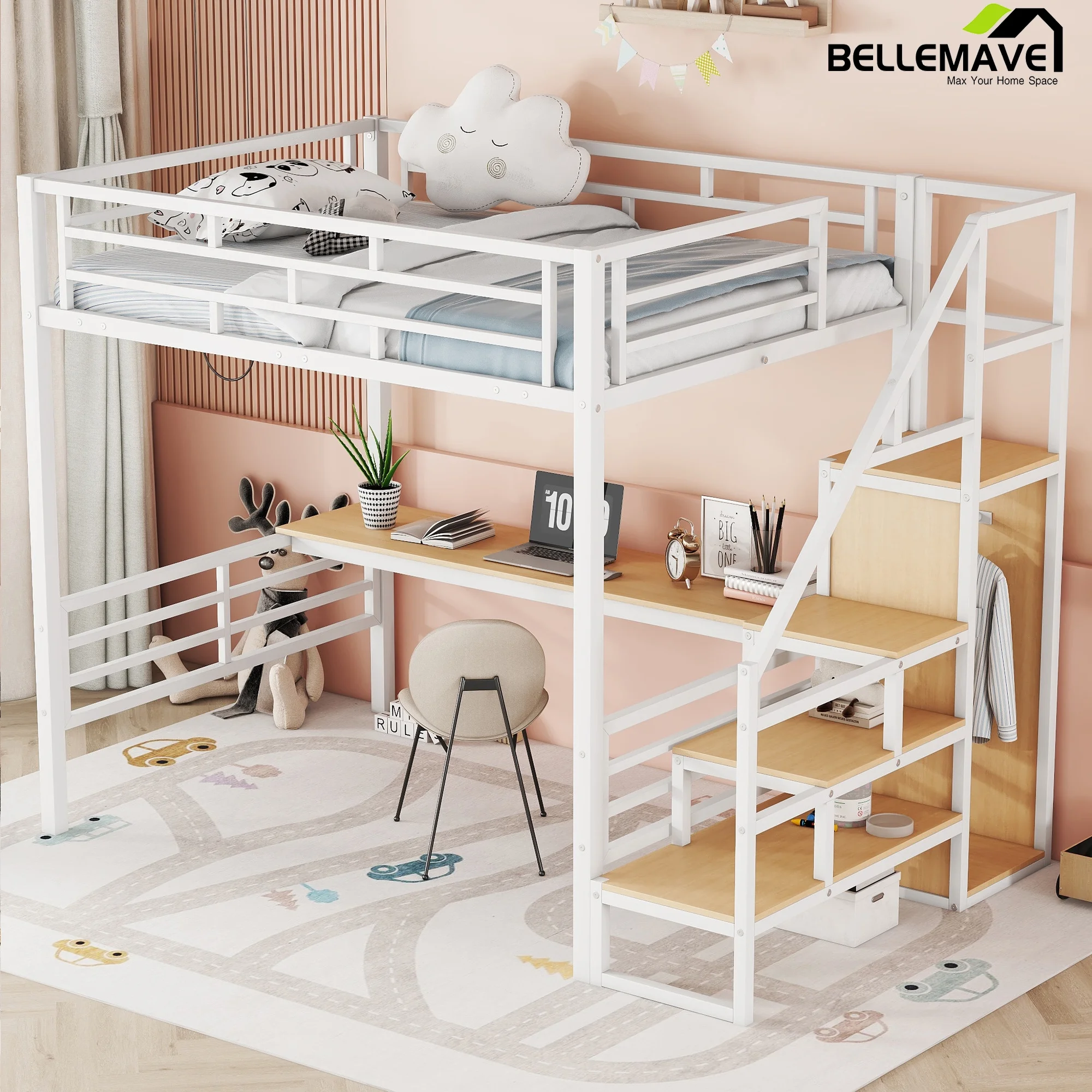 Bellemave Full Size Metal Loft Bed with Convertible Storage Staircase and Small Wardrobe, Heavy Duty Loft Bed Frame with Built-in Long Desk and Safety Guardrail for Kids,Teens, White