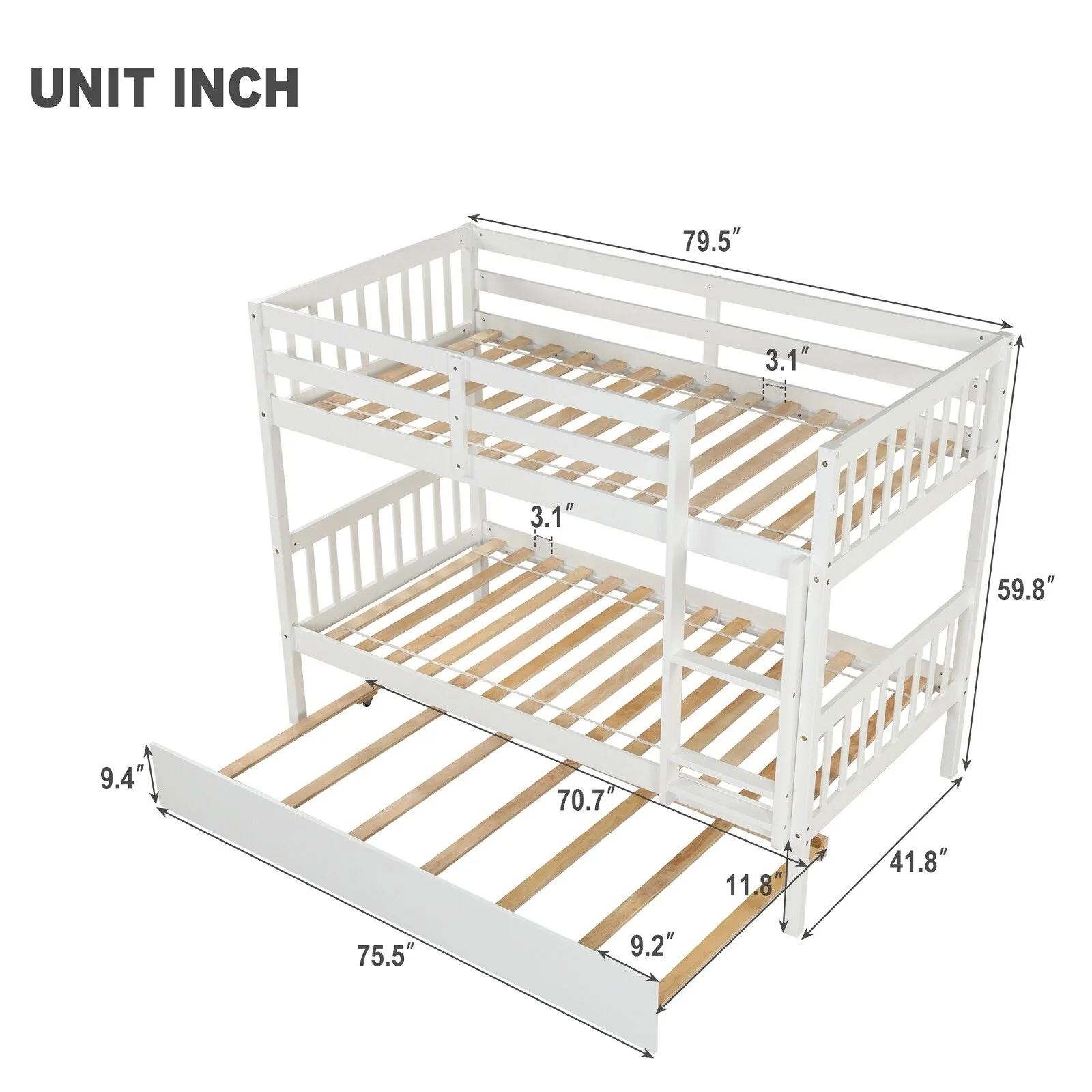 Solid Wood Elegant Bunk Beds with Trundle, Safety Rail White