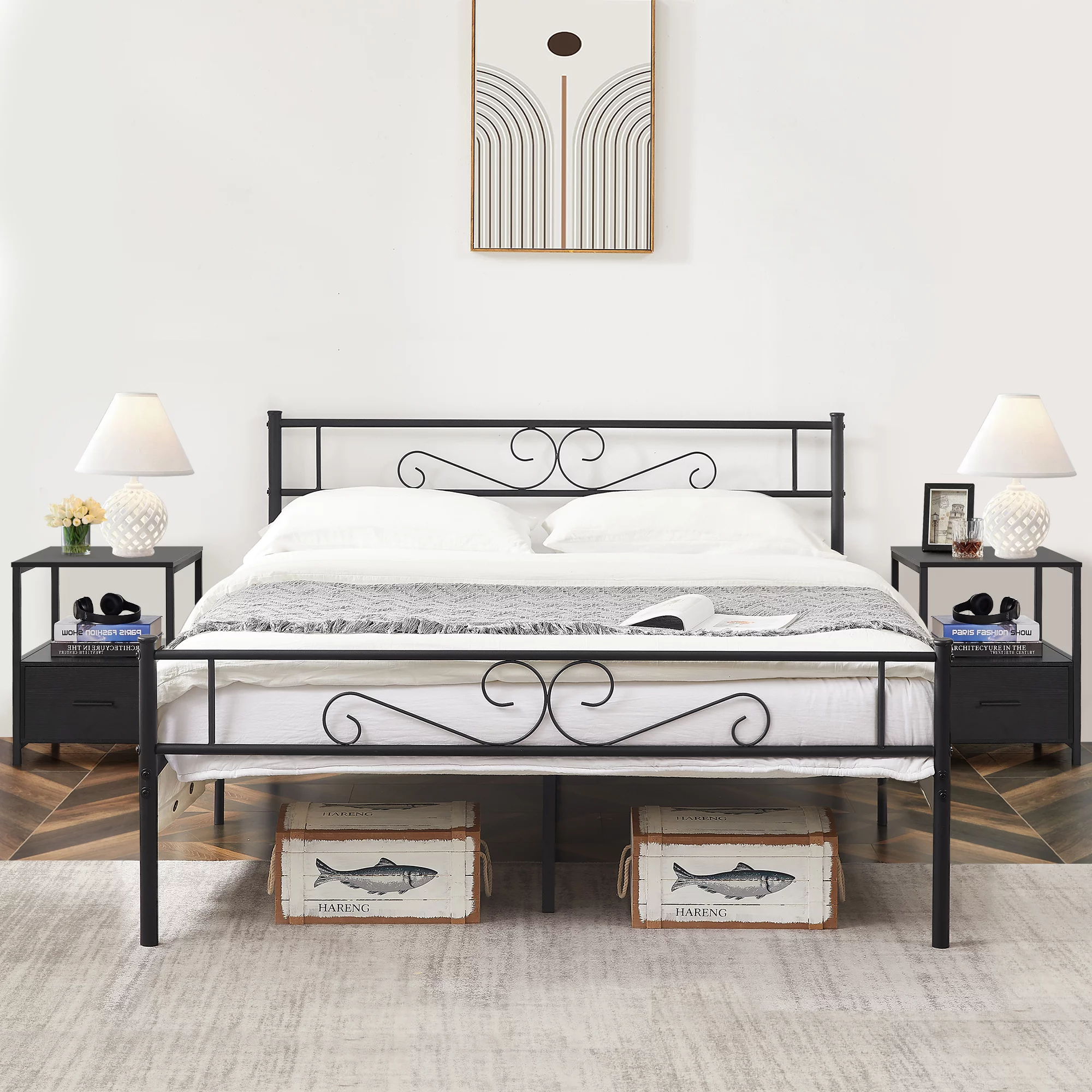 VECELO 3-Piece Bedroom Set with Full Bed Frame and 2 Black Nightstands