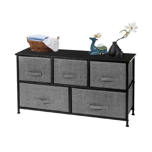 Fithood 2-Tier Wide Closet Dresser, Nursery Dresser Tower with 5 Easy Pull Fabric Drawers and Metal Frame, Multi-Purpose Organizer Unit for Closets, Dorm Room, Living Room, Hallway, Grey