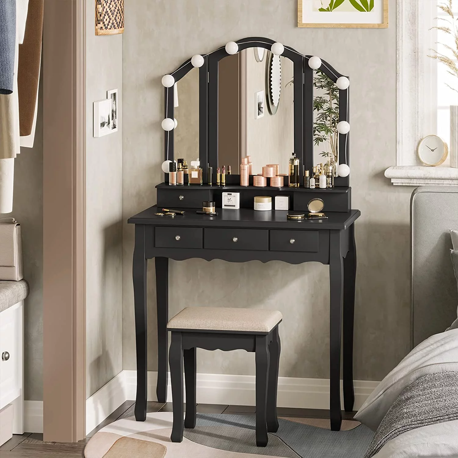 Tiptiper Makeup Vanity with Lights, Vanity Desk with Lighted Mirror and Stool, Vanity Set with 5 Drawers, 3 Light Settings and Adjustable Brightness, Black