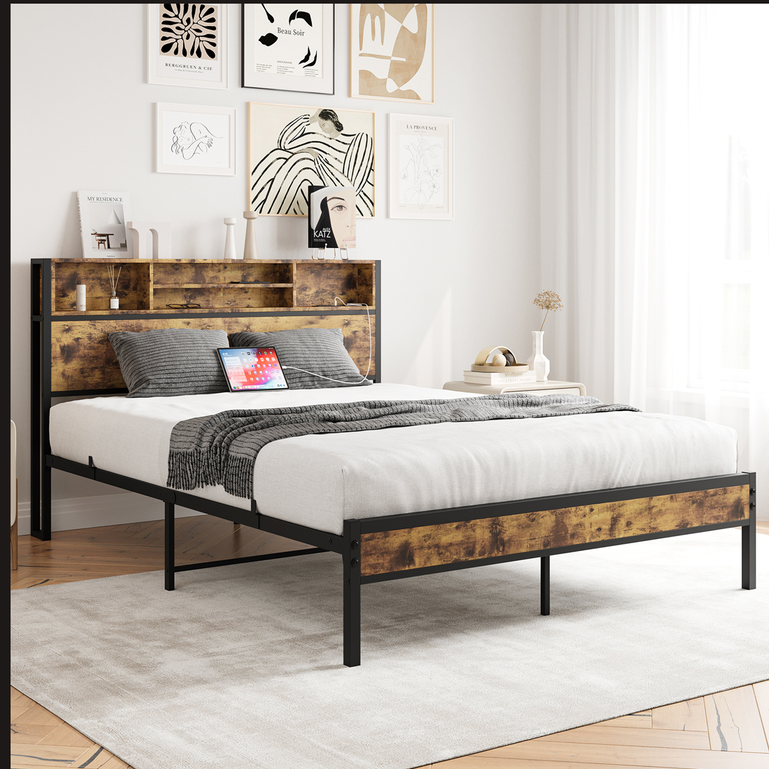 Yone jx je Queen Bed Frame with Storage Headboard, Metal Platform Bed with Charging Station, Bookcase Storage, No Box Spring Needed, Easy Assembly, Noise-Free, Vintage Brown
