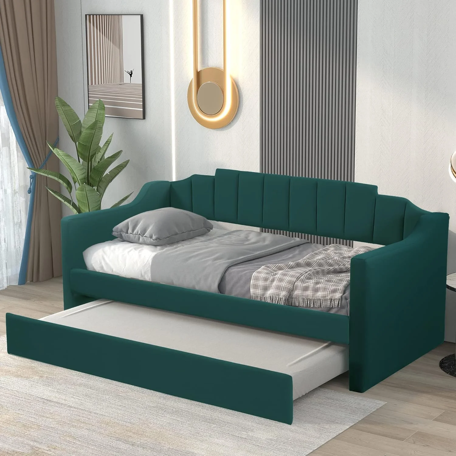 Size Upholstered Daybed With Trudle, Moder Sofa Bed With Solid Wood Frame, Trudle Sofabed For Livig Room, Bedroom, Gree