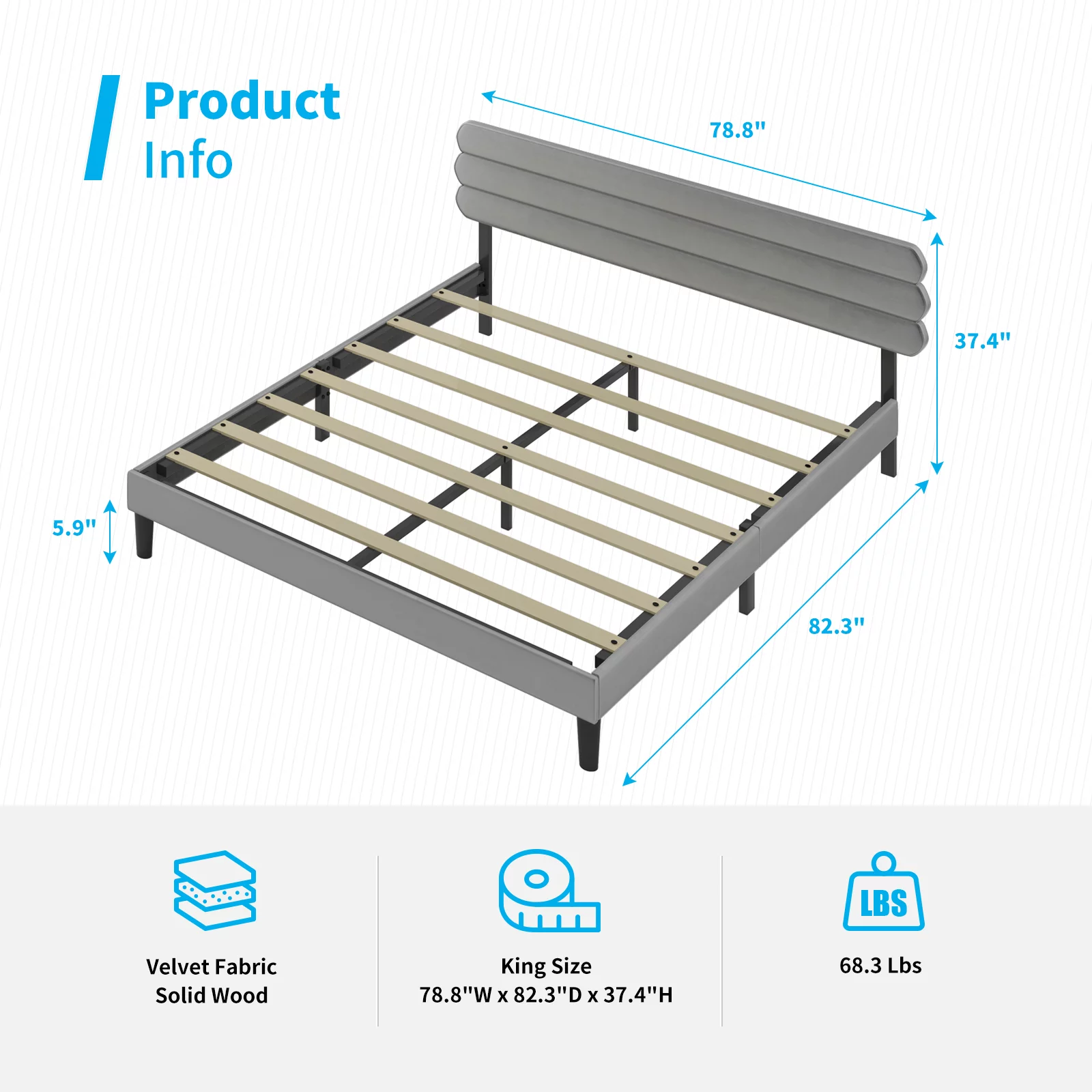 MUZZ King Size Platform Bed Frame with Adjustable Velvet Upholstered Headboard/ Strong Wood Slats Support/ No Box Spring/ Easy Assembly,Light Grey