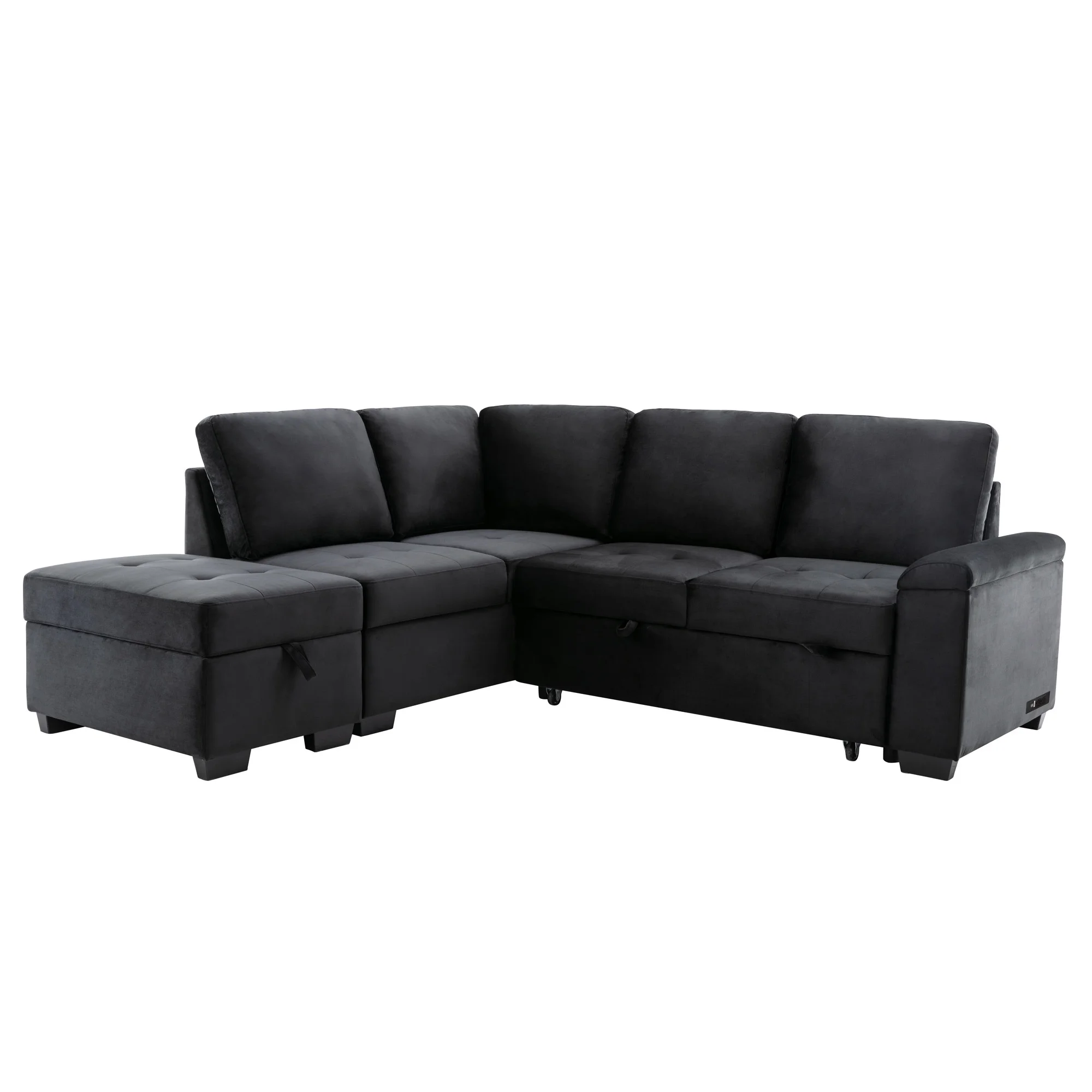 Soges L-Shape Sofa Bed with Storage Ottoman and Hidden Arm Storage, Sectional Sofa Sleeper with USB Port for Living Room Apartment, Black