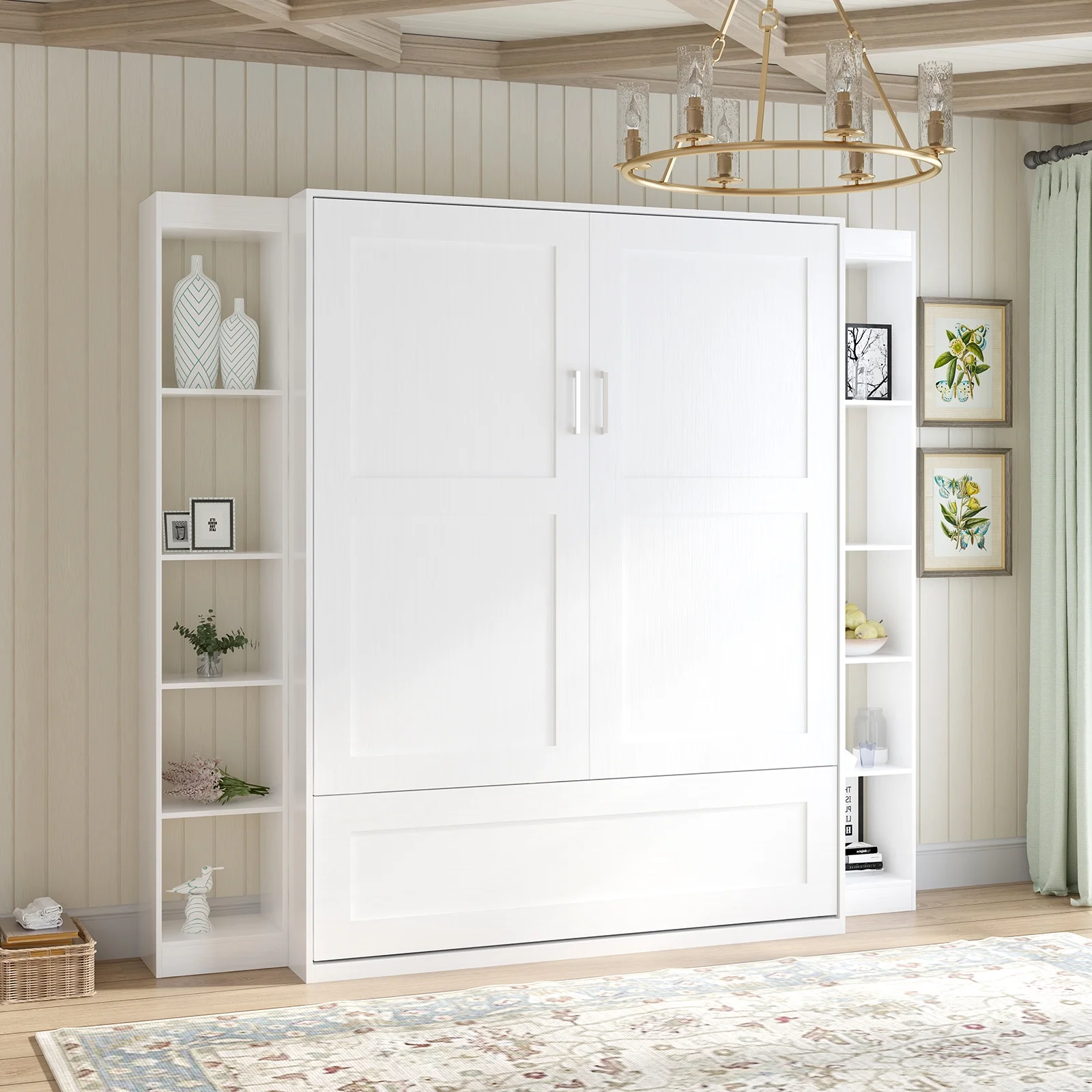 Mjkone Queen Murphy Bed with 2 Side Cabinet, Folding Wall Bed for Bedroom, Fold Up Murphy Bed Cabinet, Queen Murphy Chest Bed Can Be Folded into a Cabinet, Storage Bed (White)