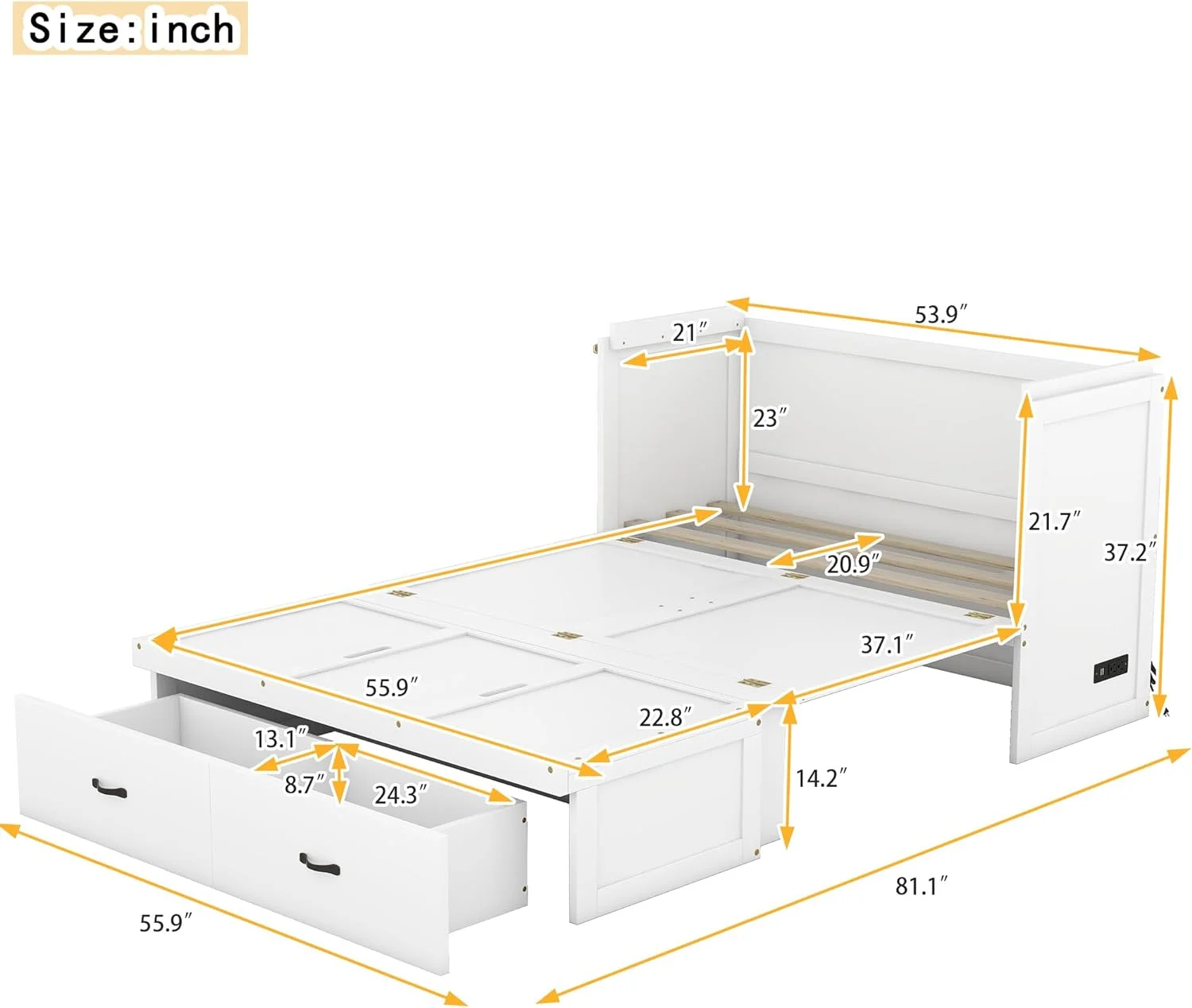 Full Size Murphy Bed Wih USB Por Ad A Large Drawer, Space-Savig Wall Bed For Mulipurpose Gues Room Or Home Office - Whie