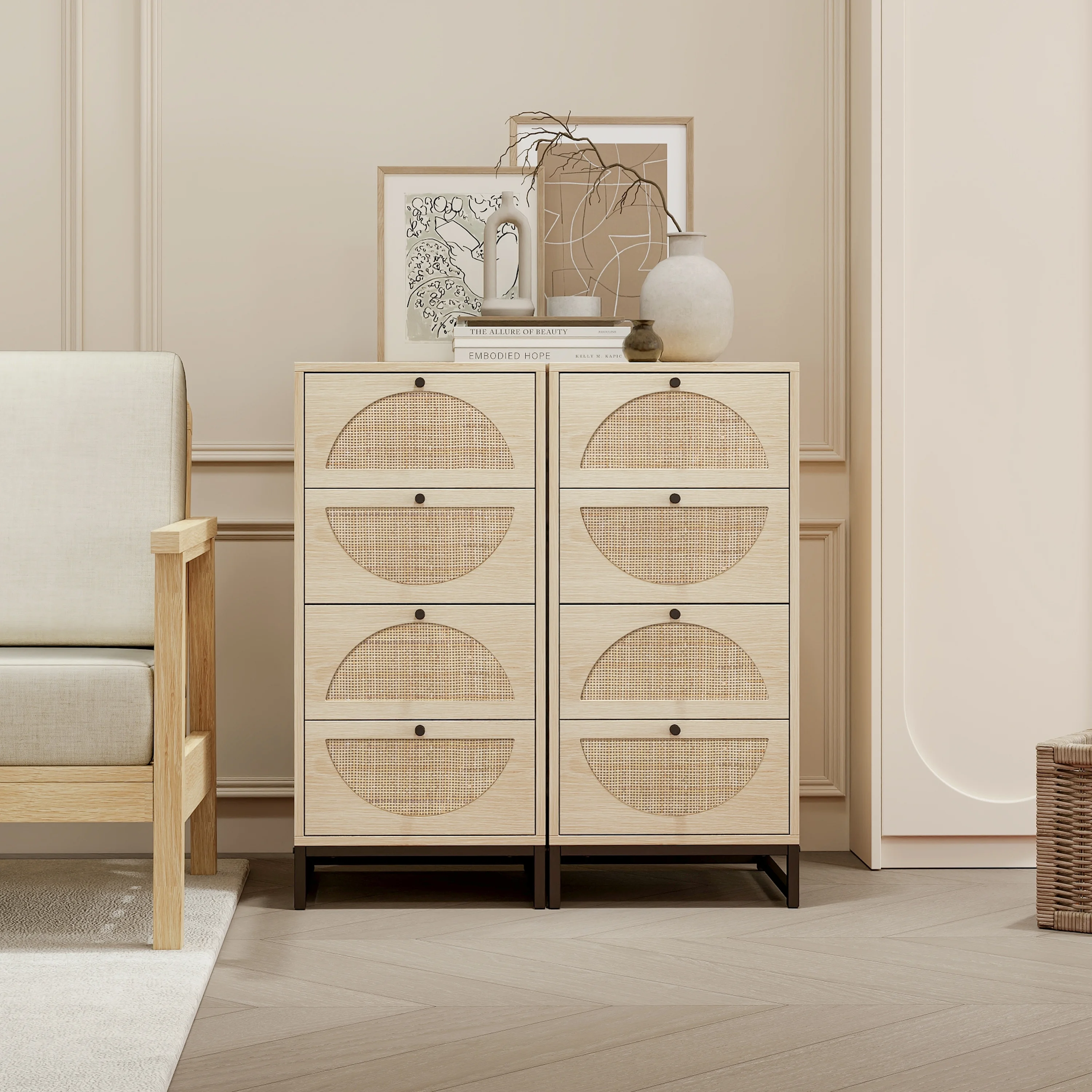 CoSoTower Set of 2, Natural Rattan, Cabinet with 4 Drawers, Suitable for Living Room, Bedroom and Study, Diversified Storage