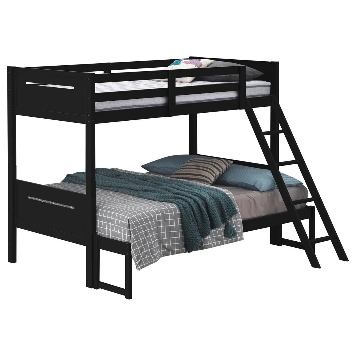 Amey Twin over Full Bunk Bed Guard Rails Attached Ladder Black Wood-Saltoro Sherpi