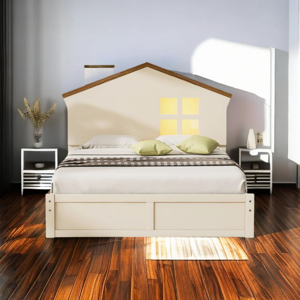 Twin Size Wood Platform Bed with House-Shaped Headboard and Built-in LED,Bedframe Full-Size with USB,Suitable for Children and Teenagers bedrooms
