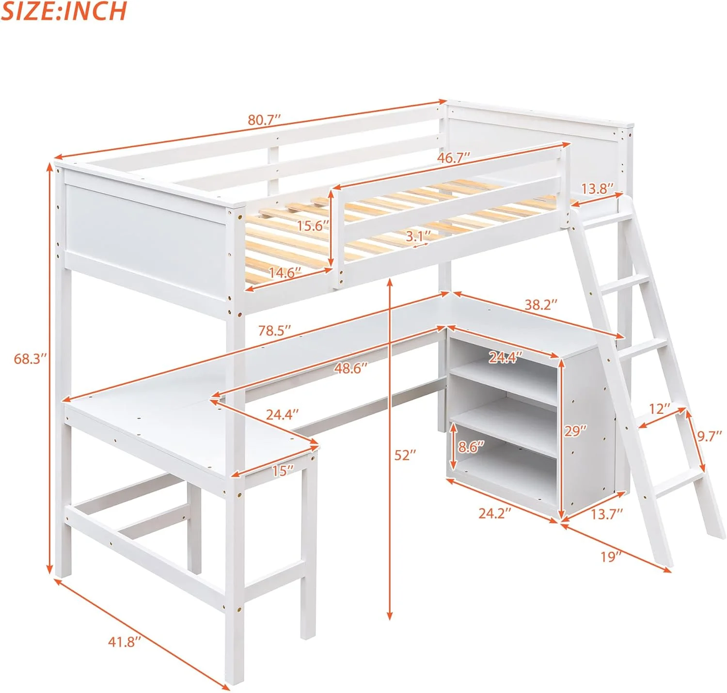 Size Lof Bed Wih Sorage Shelves And Desk,Mulifuncional Wooden Lof Bed Frame Wih Ladder For Kids And Aduls, Bedroom, Dorm, No Box Spring Required(Whie)