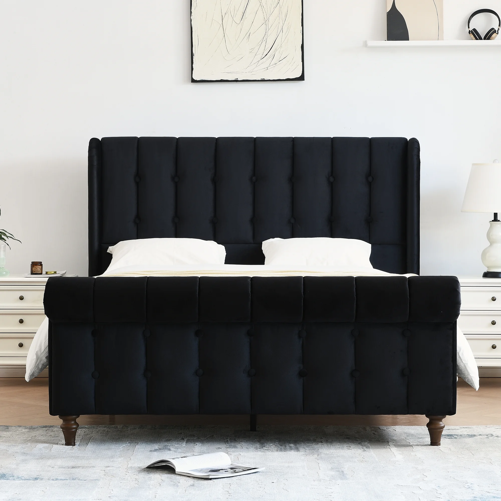 Queen size Regal Chesterfield-Style Tufted Sleigh Bed with Textured Upholstery and Dark Wood-Effect Feet - No Box Spring Required ,Black
