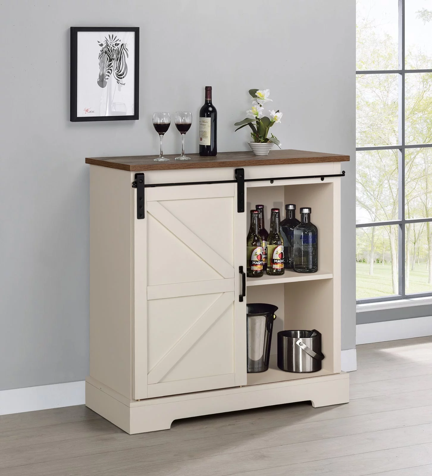 Sophia&William Farmhouse 32'' Farmhouse Coffee Bar Cabinet Kitchen Buffet Storage Cabinet with Barn Door - White