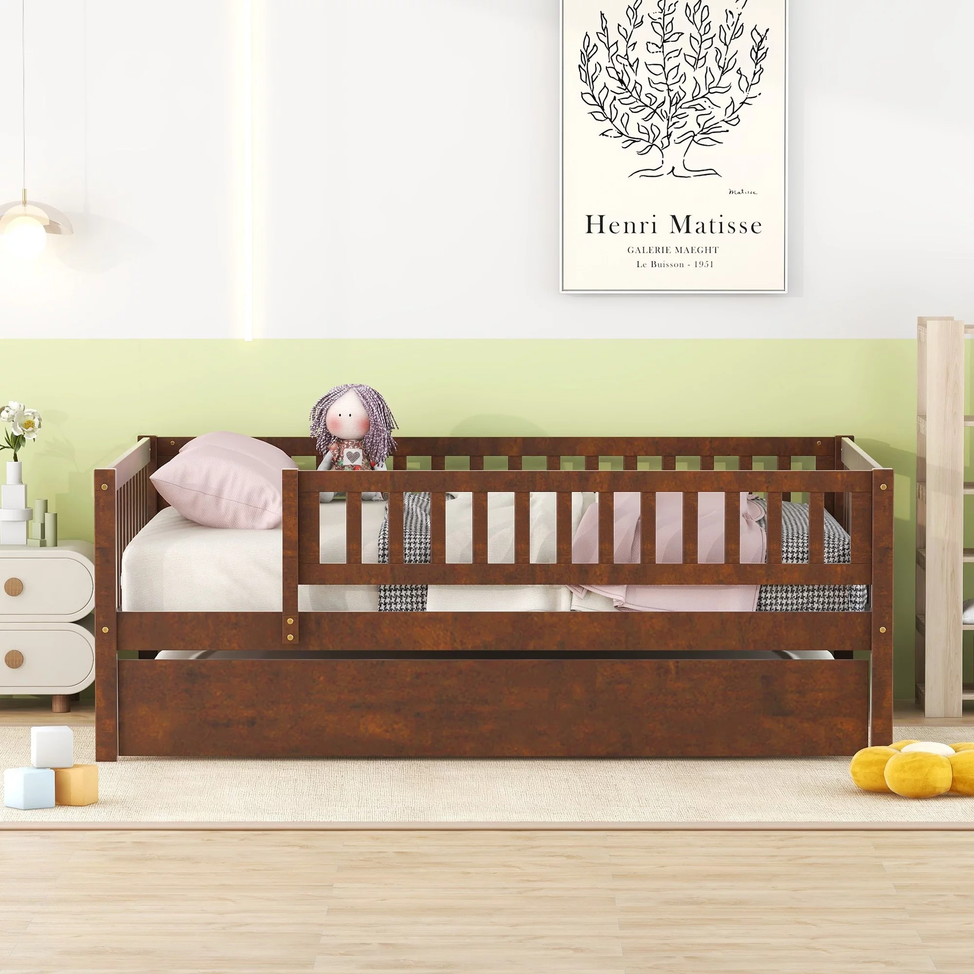 Daybed Bed Frame Platform Bed with Twin Size Trundle Modern Wooden Bed with Fence Guardrails and Slat Support Leg for Dorm, Bedroom, Guest Room (Full)