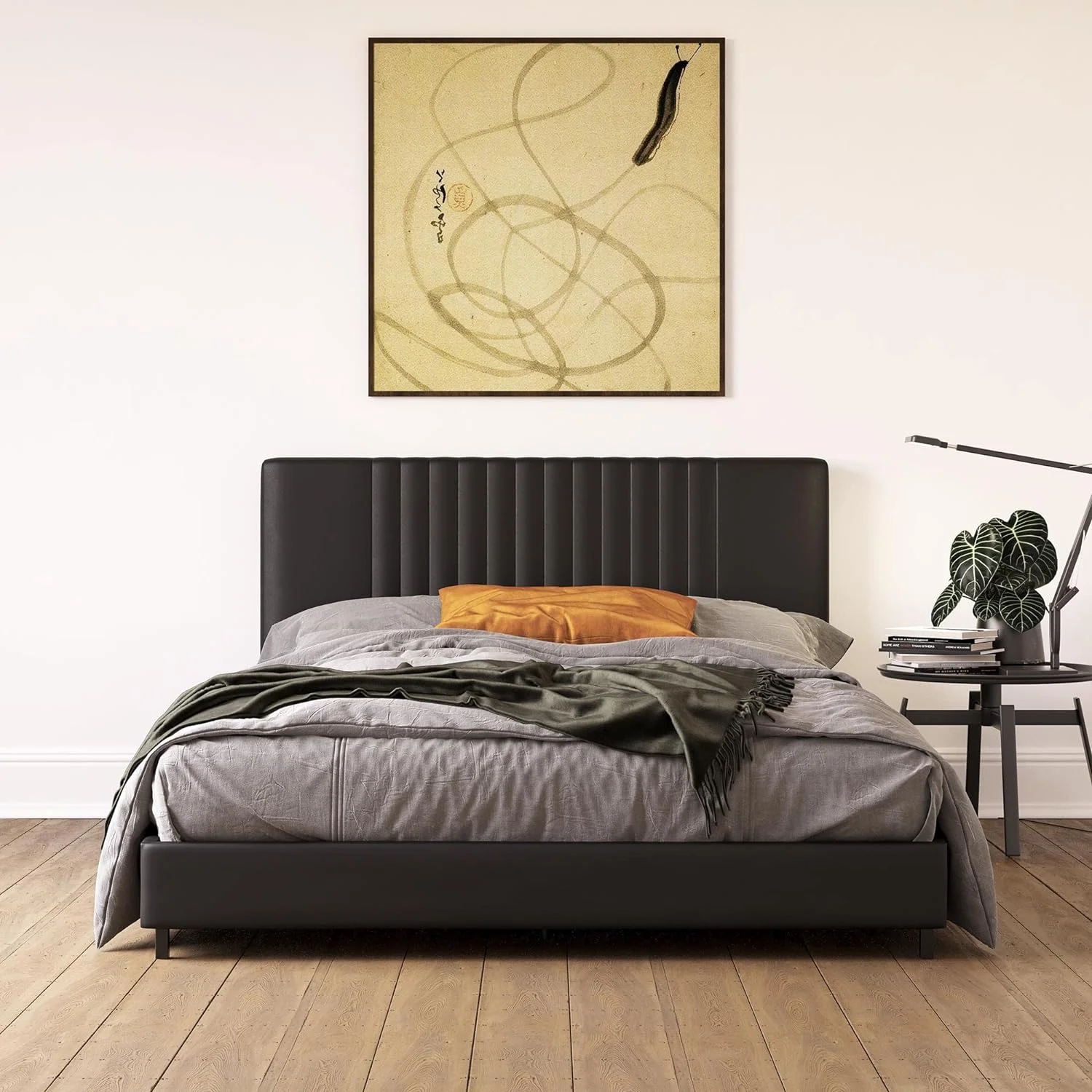 Rio Faux Leather Upholstered Platform Bed With Tufted Headboard, Full, Black