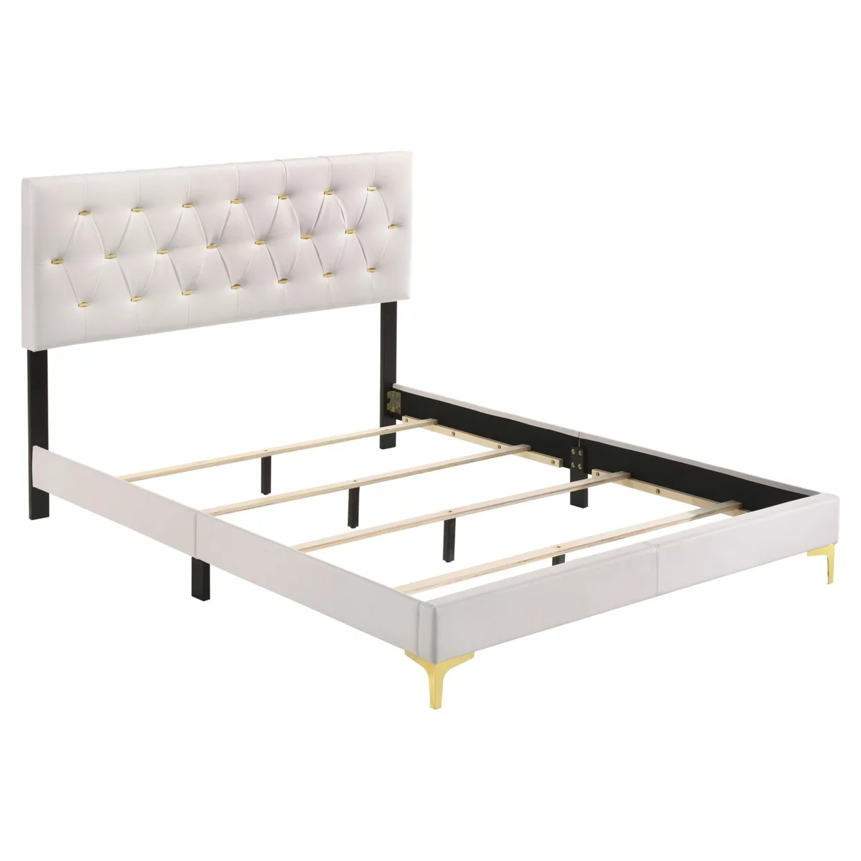 Lif Platform California King Size Bed Tufted Headboard Gold White Velvet- Saltoro Sherpi