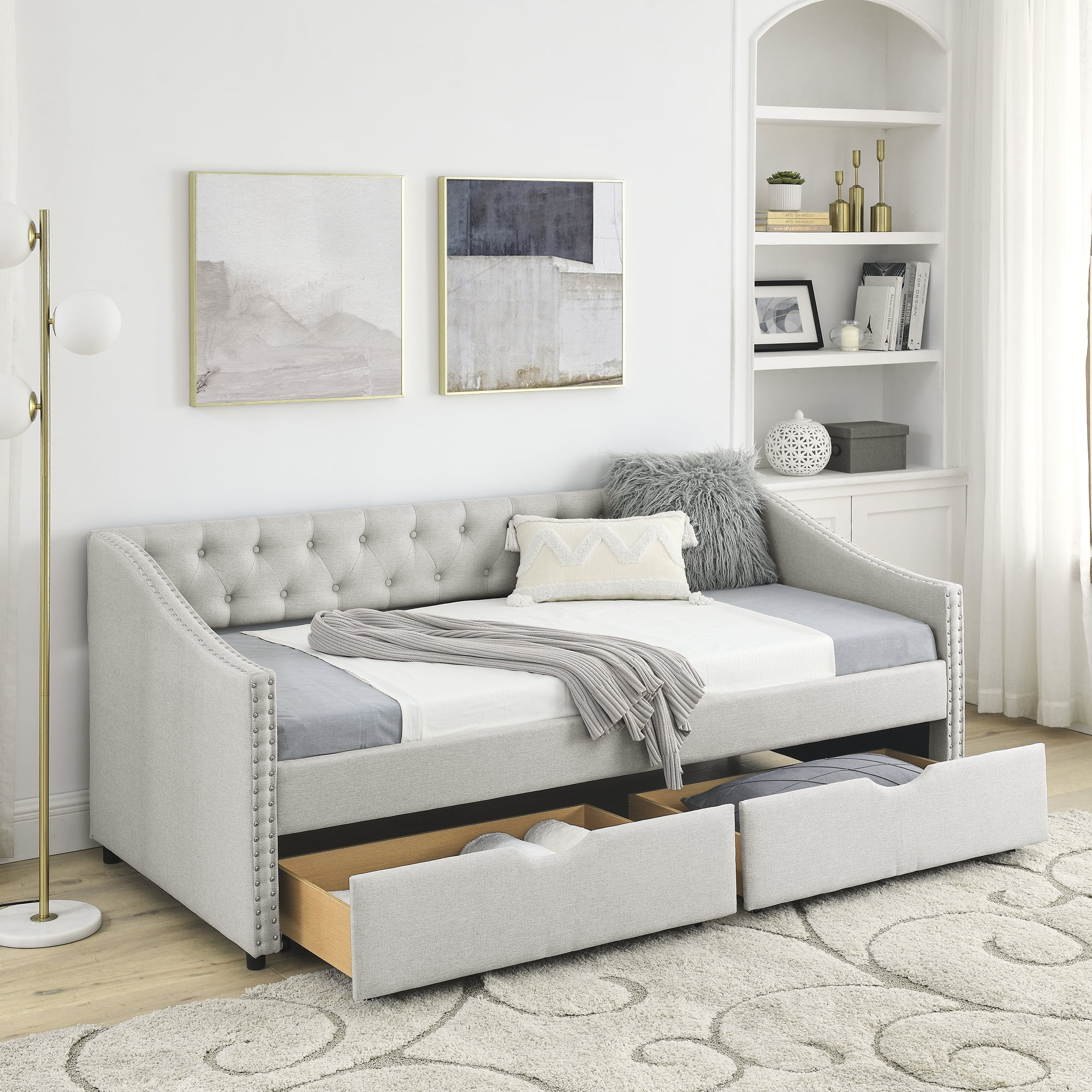 CoSoTower Twin Size Daybed with Drawers Upholstered Tufted Sofa Bed, with Button on Back and Copper Nail on Waved Shape Arms, Beige(81.5''X41''X30.5'')