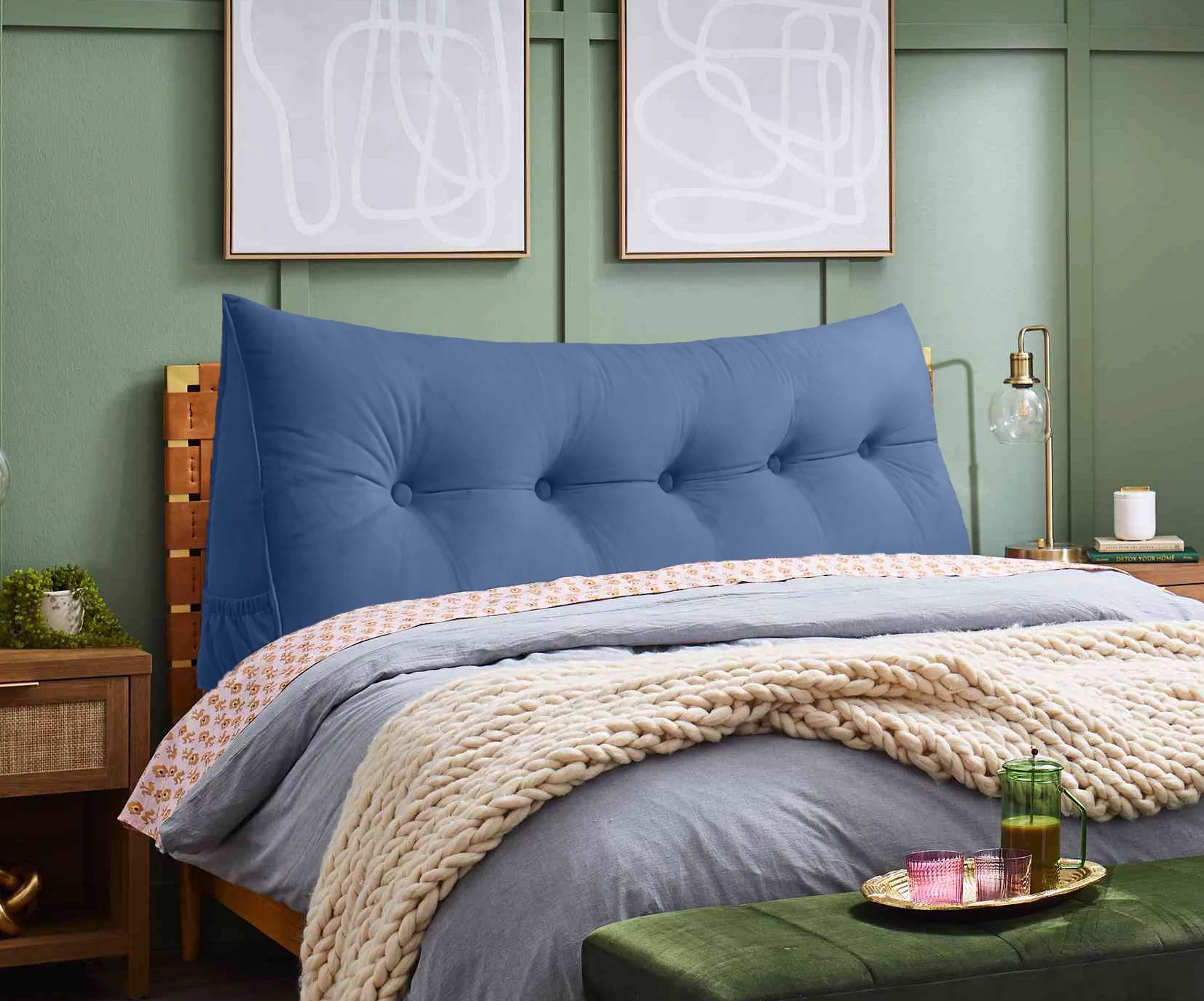 PEACHWELL Triangular Reading Bed Rest Pillow Large Bolster Cushion Headboard Backrest Wedge Pillow with Removable Cover and Two Large Side Pockets Steel Blue Twin 39 inches