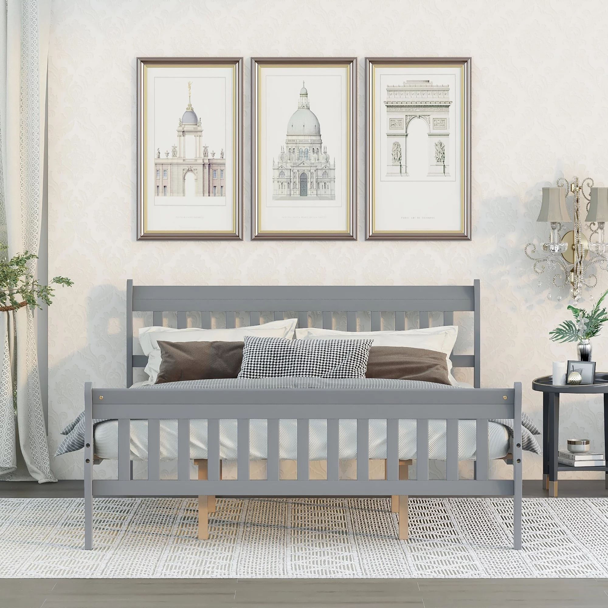 Queen Bed Frames, Wood Platform Bed with Headboard, Footboard and Slat Support for Boys, Girls, No Box Spring Needed, Gray