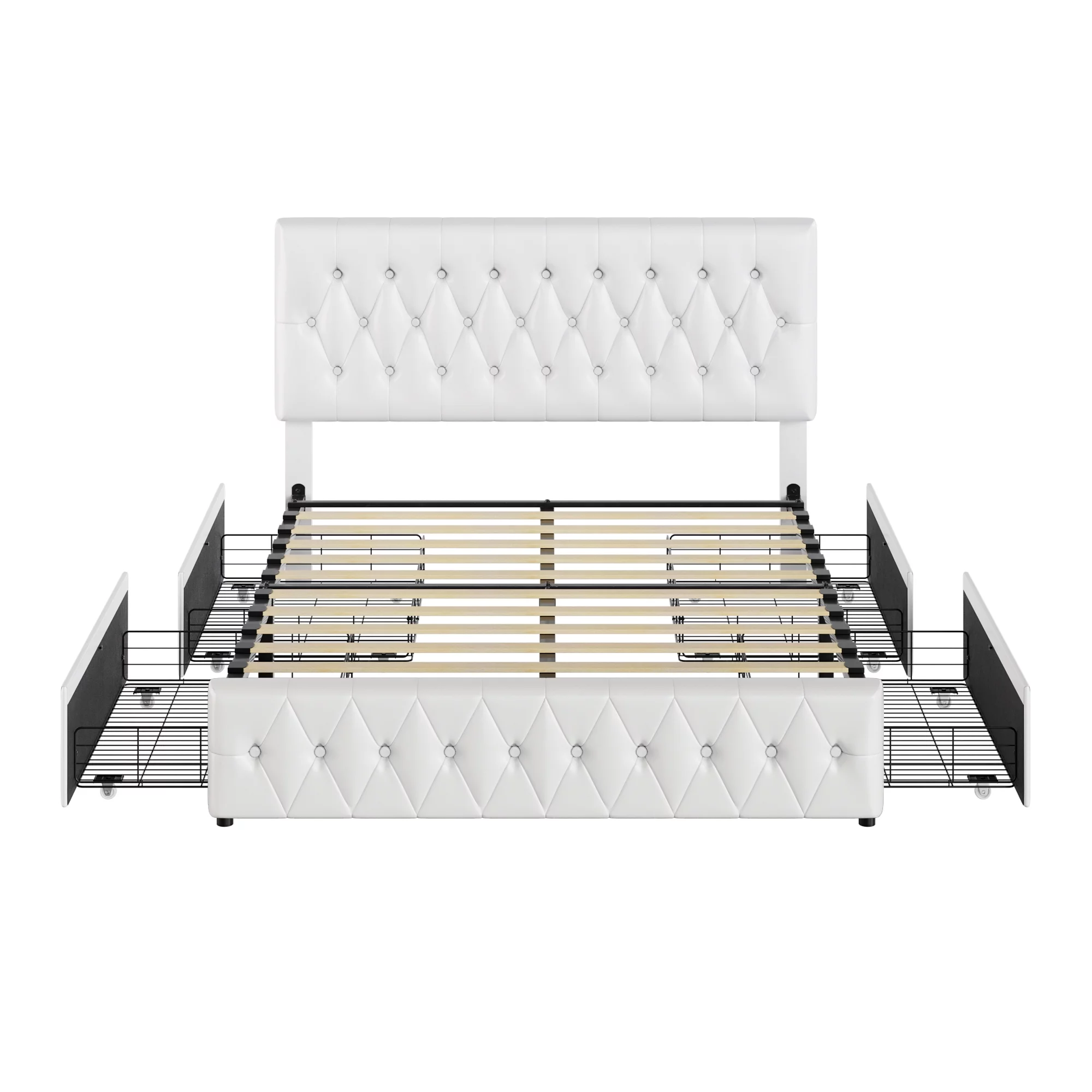 Homfa Faux Leather Storage Platform Bed Frame, Full White Bed Frame with 4 Drawers, Upholstered with Adjustable Headboard