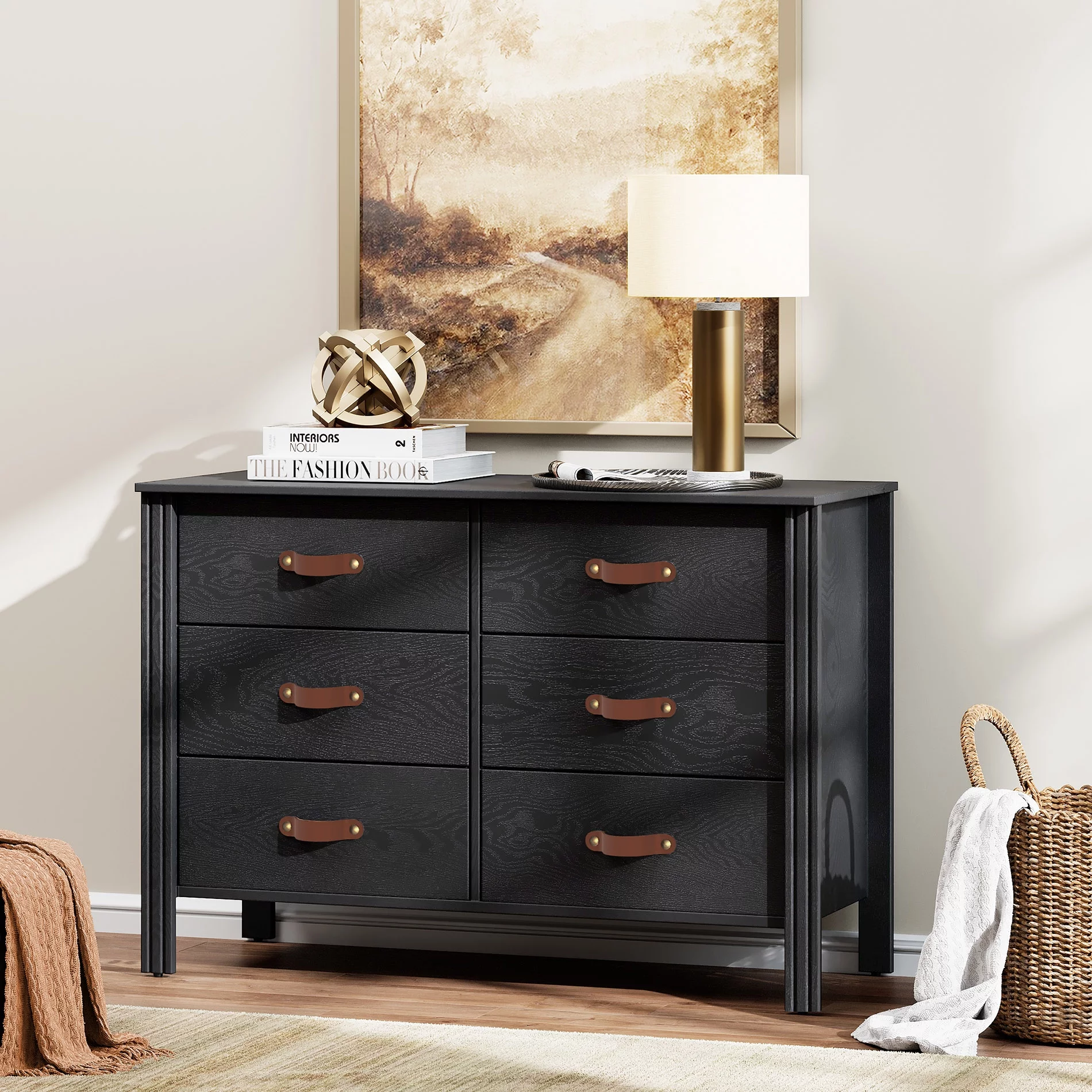Dresser for Bedroom, Wood Dresser with 6 Drawers, Storage Cabinet for Living Room, Hallway, Black
