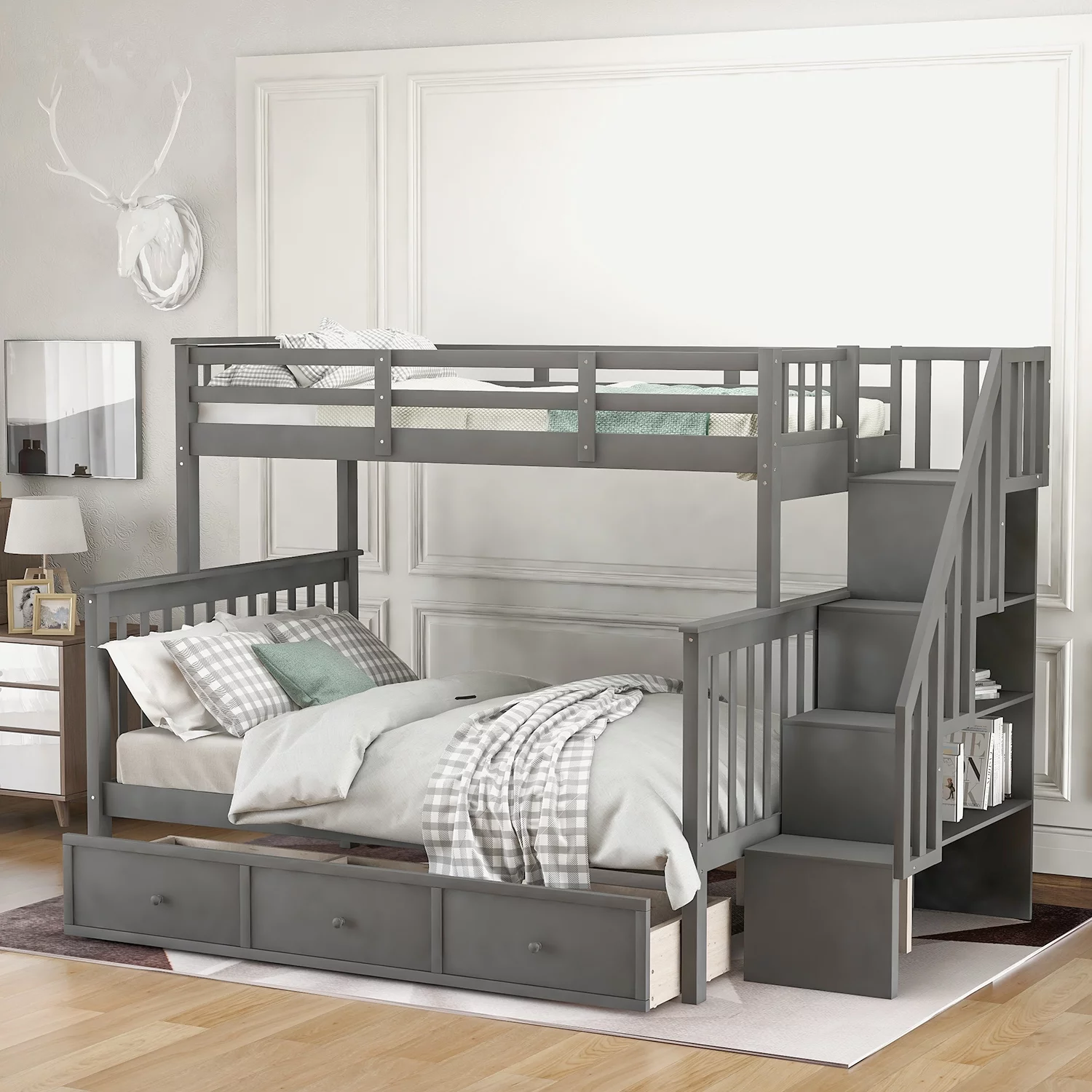 Dcenta Stairway Twin-Over-Full Bunk Bed with Drawer, Storage and Guard Rail for Bedroom, Dorm, for Adults, Gray color