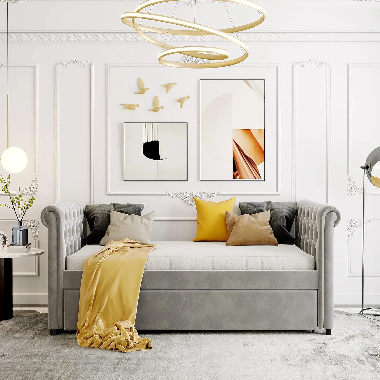 Upholsered Daybed Wih Size rudle, Daybed Wih Wood Sla Suppor, Upholsered ufed Sofa Bed,Bedroom Livig Room Furiure For Gues,o Sprig Box eeded, Gray