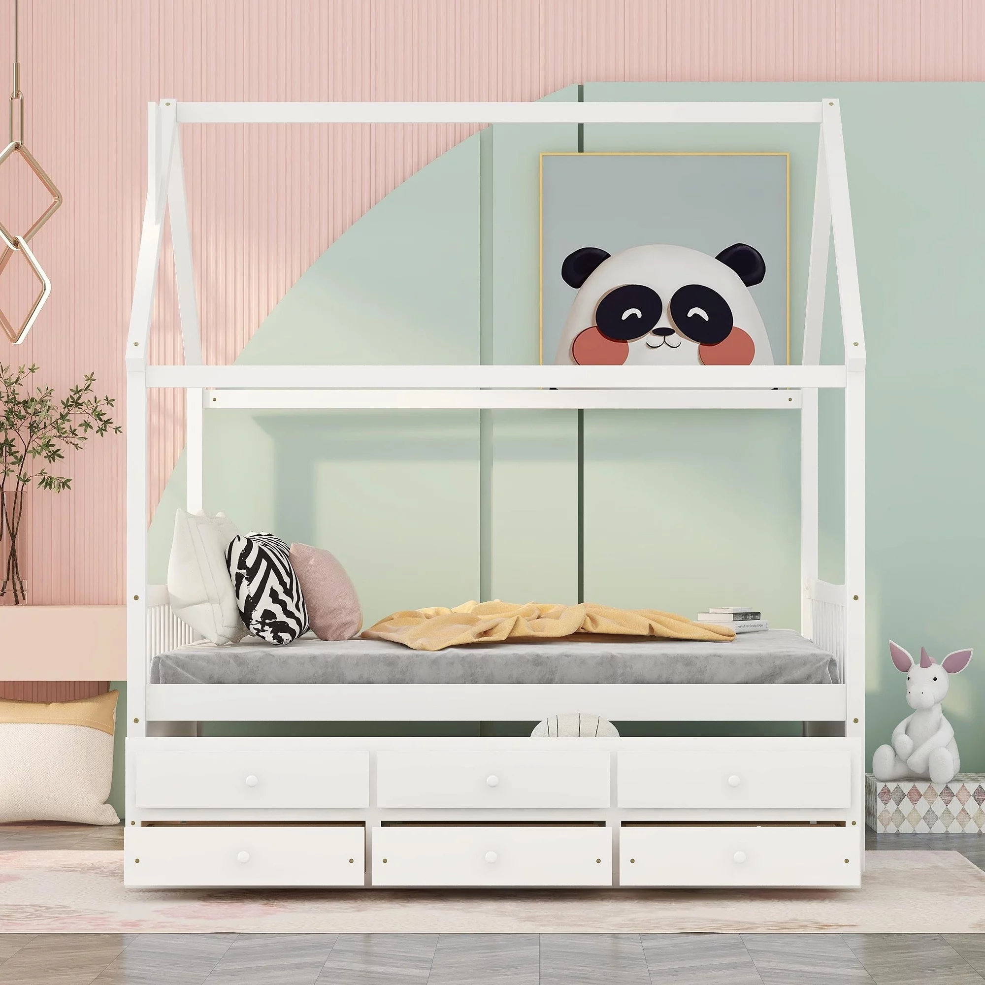 Wooden Tent Bed with Roof Design for Toddlers, Full House Beds with Trundle and 3 Storage Drawers for Kids, Wood Floor Bed Frame Bedroom Furniture for Girls Boys