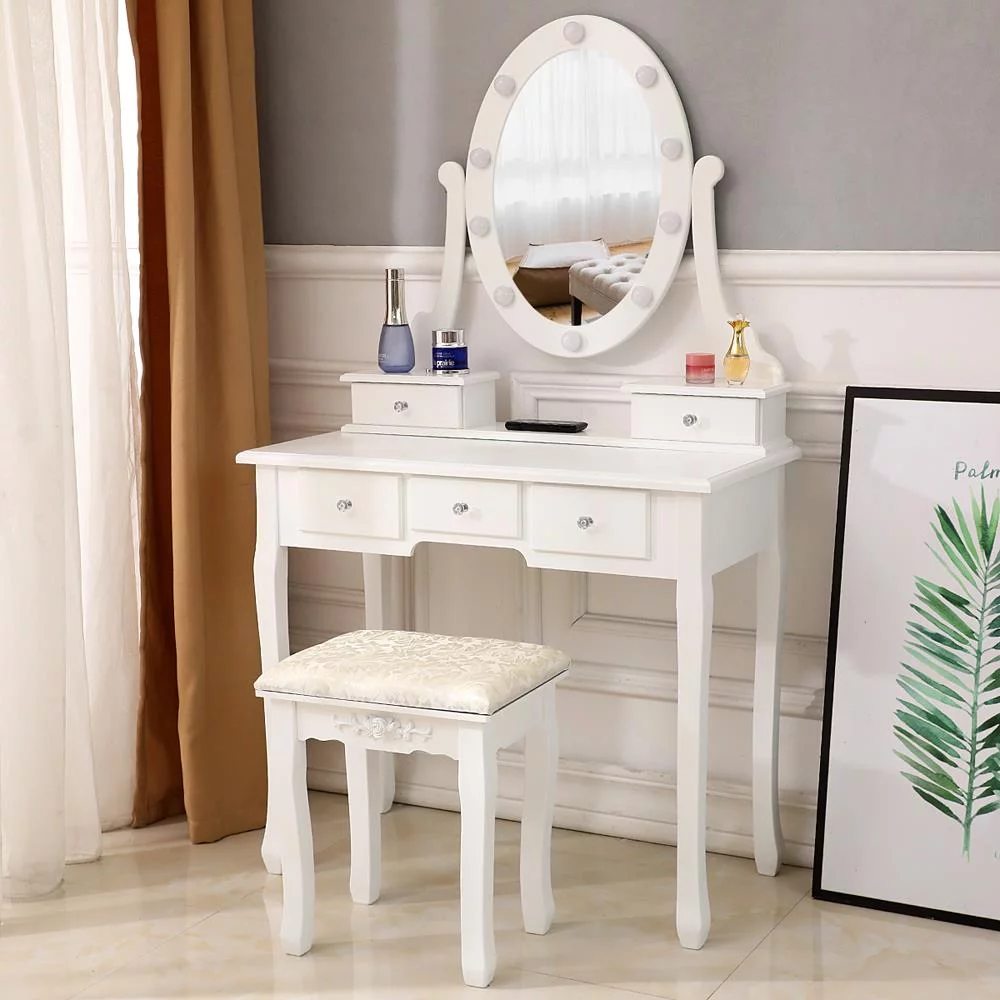 UBesGoo Dressing Table with Lighted Mirror,Vanity Set with Mirror & Cushioned Stool,Makeup Table 5 Drawers for Bedroom,White