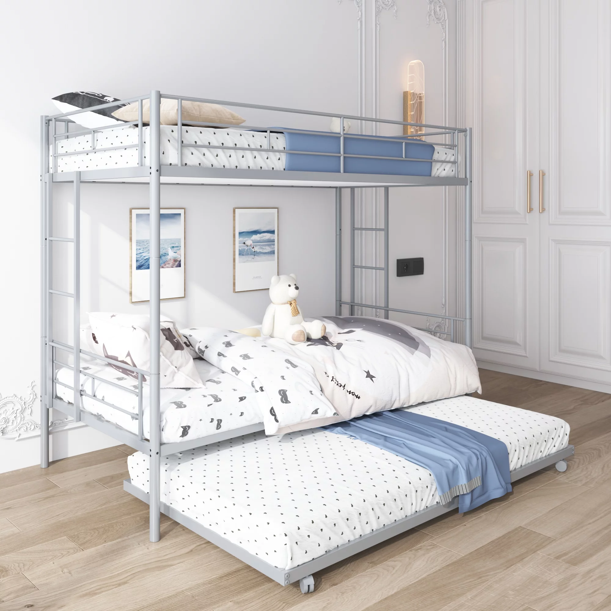 Metal Twin over Twin Bunk Bed, Heavy Duty Twin Bunk Bed with Trundle Bed, Ladders & Full-length Guardrails, Modern Home Convertible Bed Frame for Kids Teens Adults, No Box Spring Needed, Silver, L0189