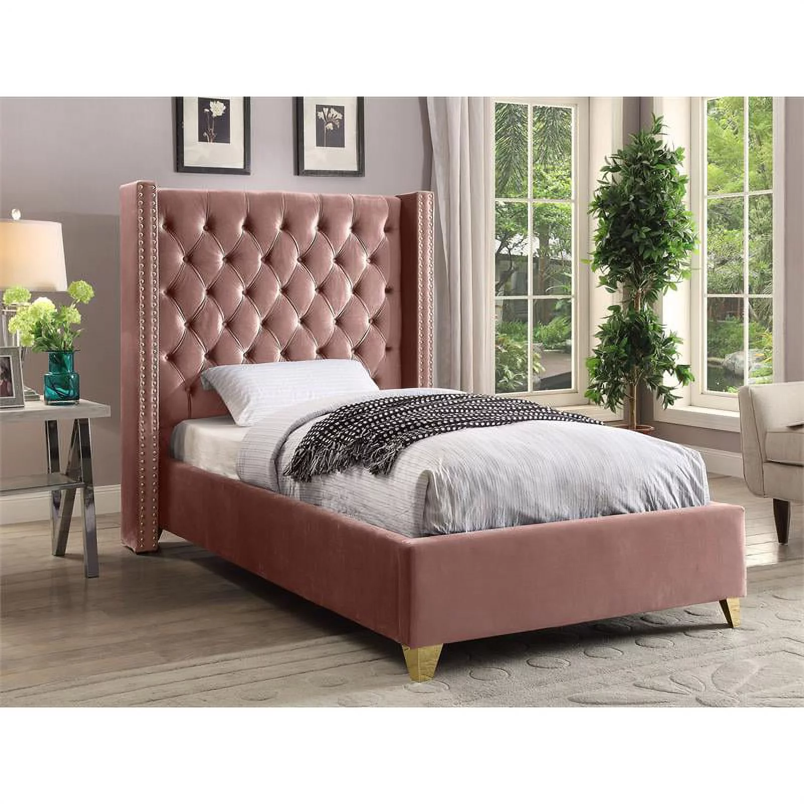 Meridian Furniture Barolo Pink Velvet Twin Bed