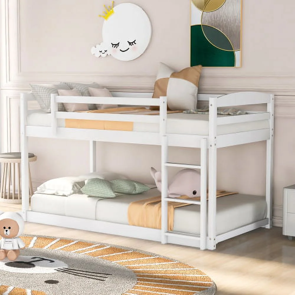 Twin over Twin Floor Bunk Bed with Safety Guardrail, Climbing Ladder, Easy to Assemble, Saving Space, Bed Bedroom Storage Guard Rail Ladder…