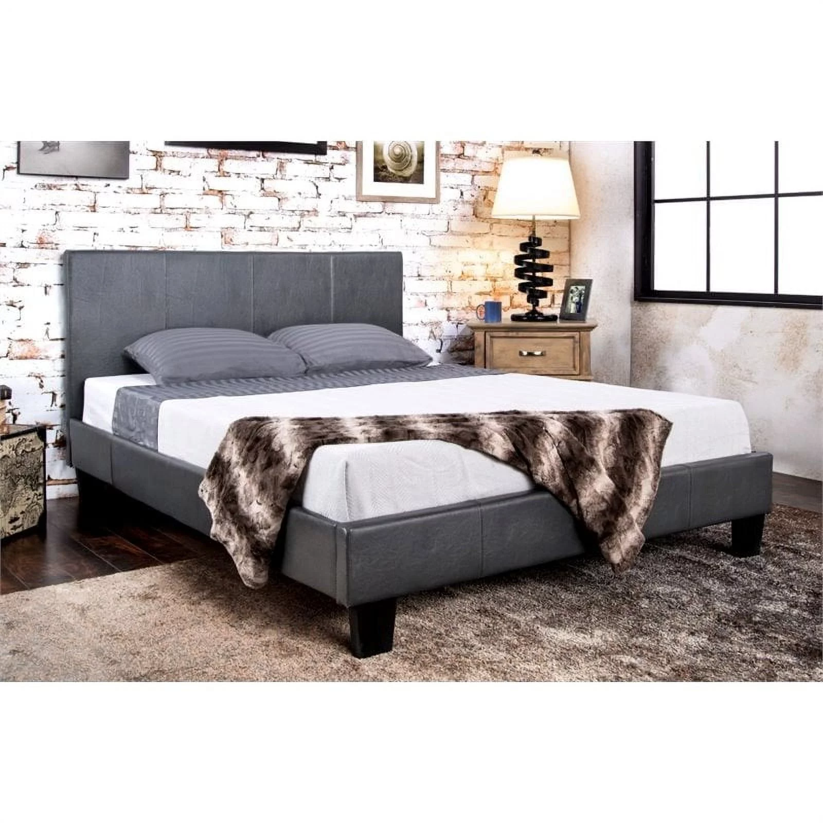 Bowery Hill Modern Faux Leather/Wood King Platform Bed in Gray