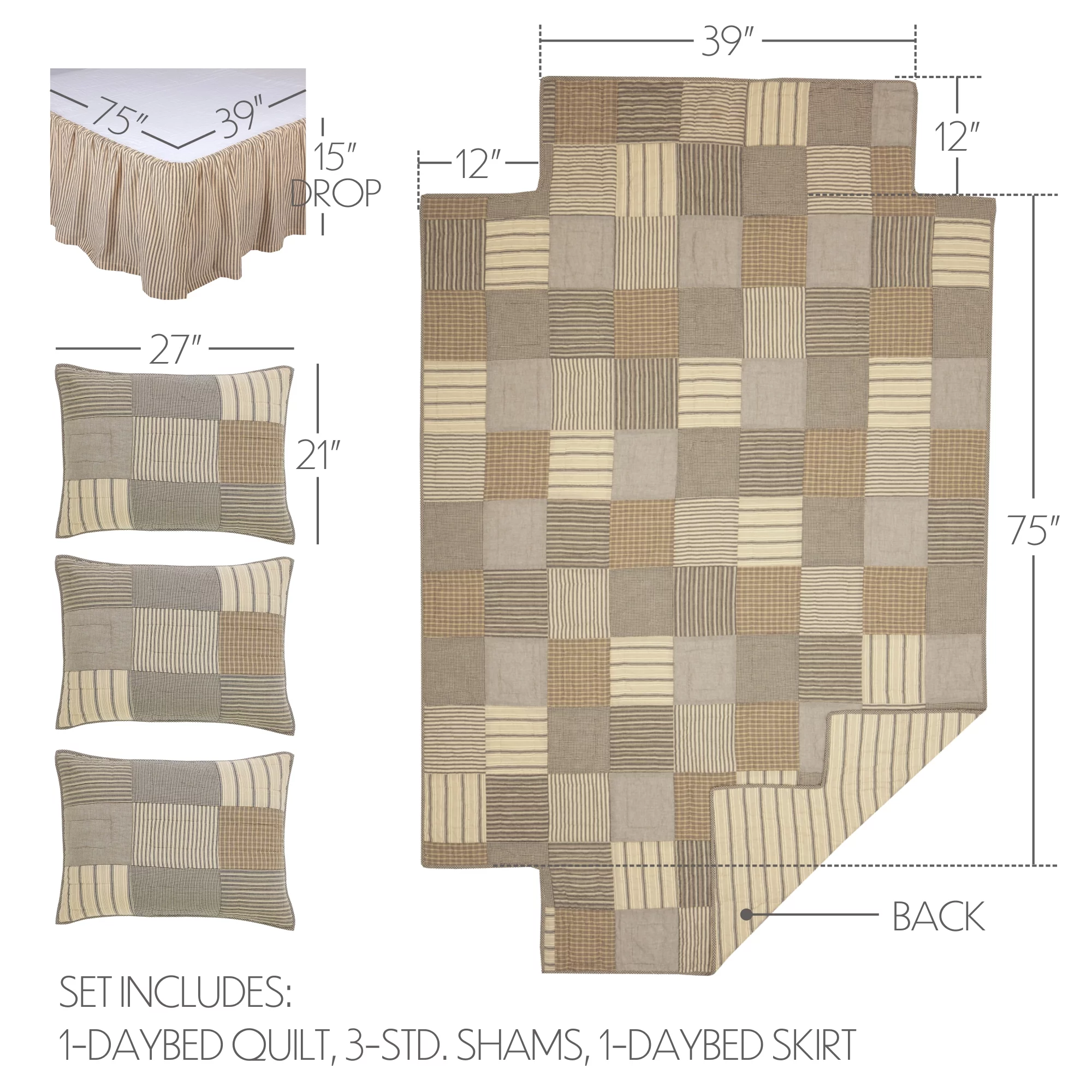 VHC Brands Sawyer Mill Daybed Quilt Set, Charcoal Grey