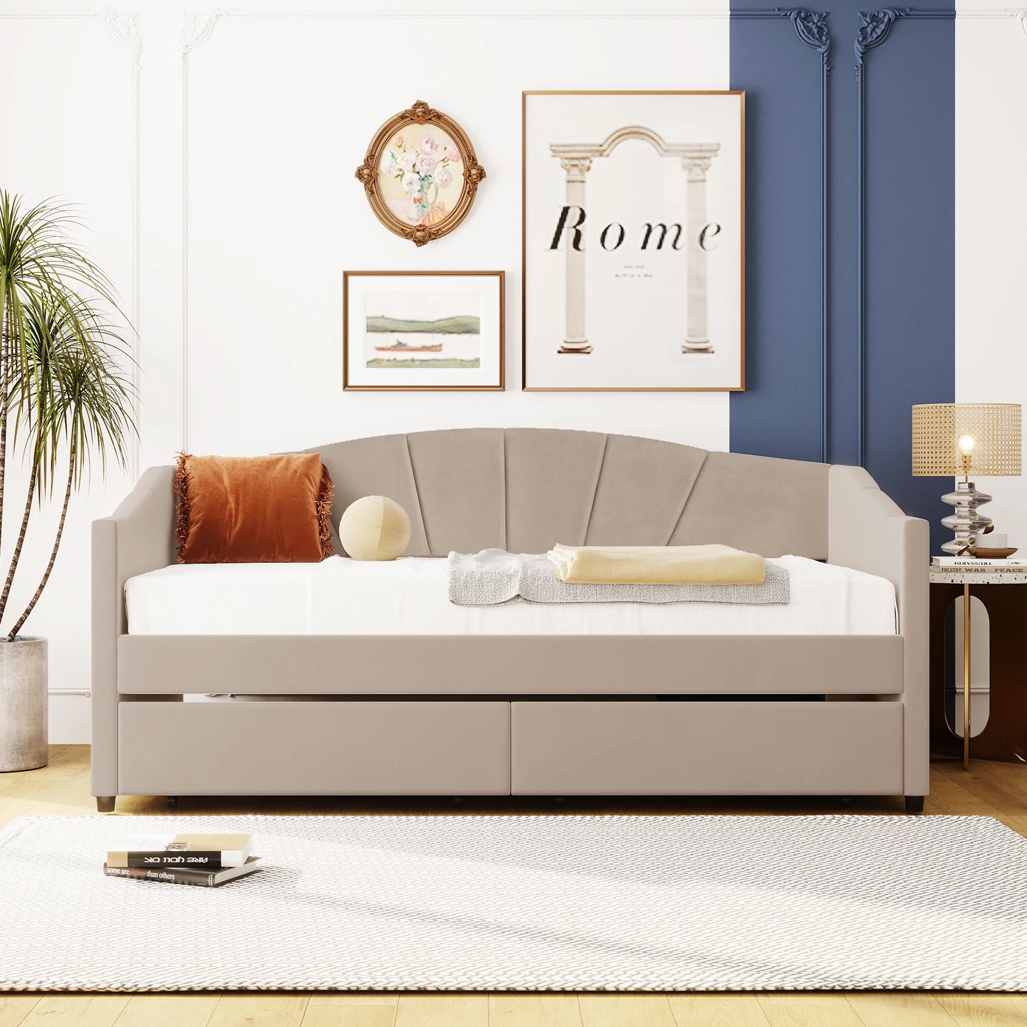 Beige Modern Upholstered Sofa Velvet Fabric Sofa Bed Frame Upholstered Sofa Cama Double Bed with Two Drawers and Wooden Slat Support for Living Room Bedroom