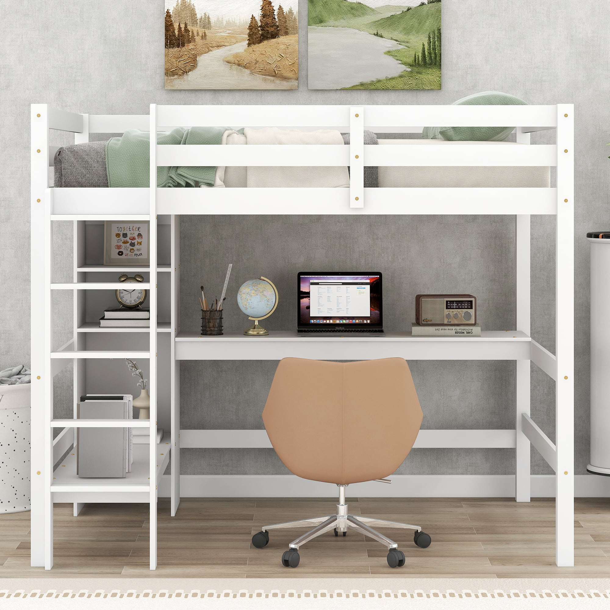 CoSoTower Full Size Loft Bed with Multifunction Shelves and Under-bed Desk, White