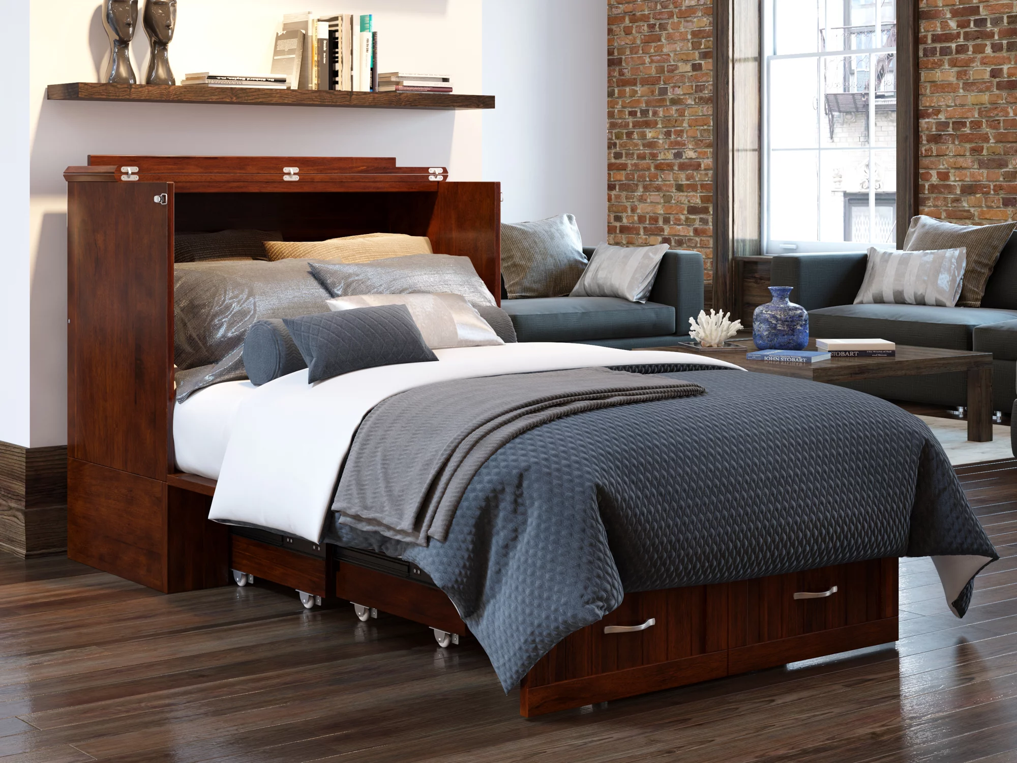 AFI Southampton Twin XL Wood Murphy Bed Chest with Mattress, Drawer, Charger, Walnut Adult