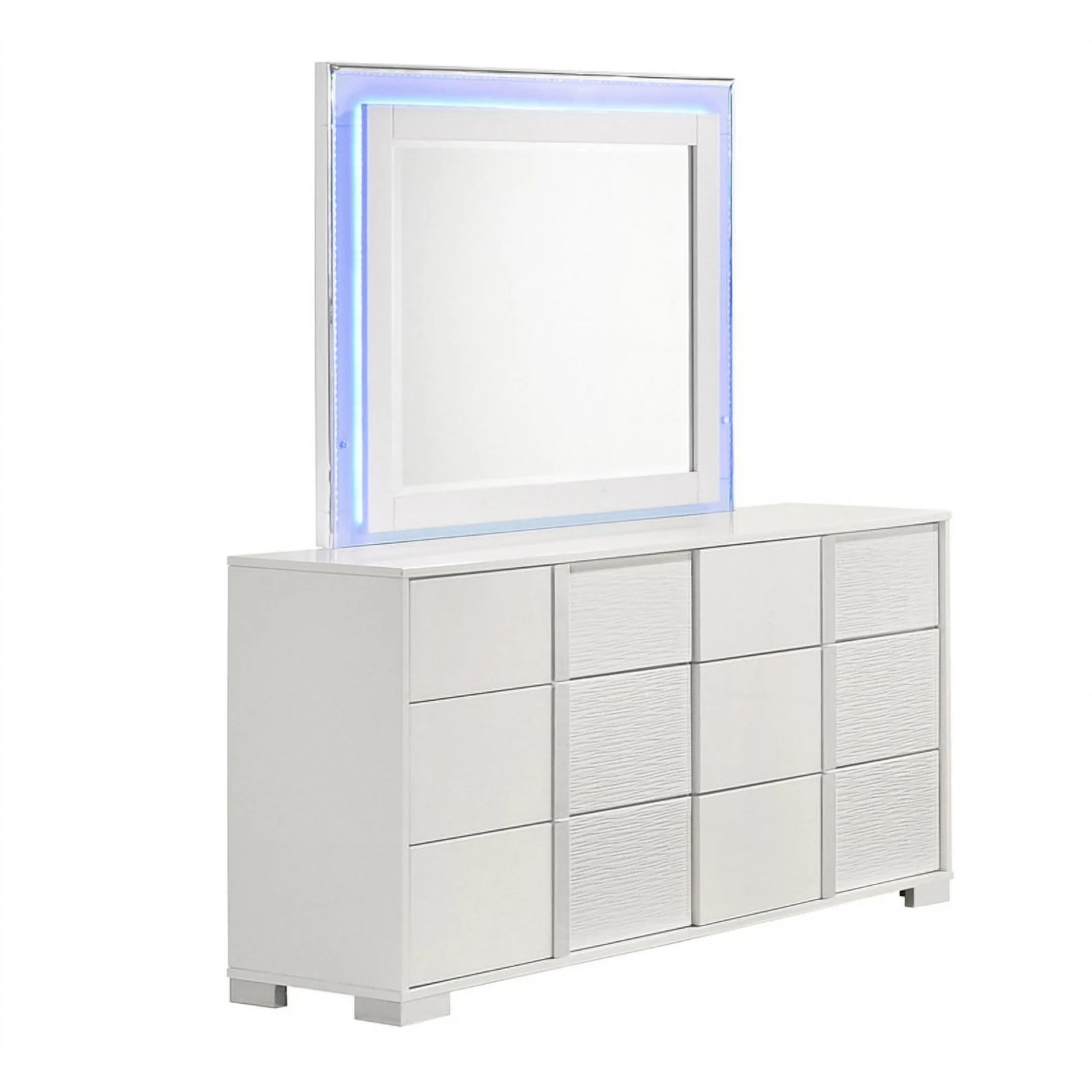 White Wood Lacquer Platform Queen Size Bedroom Set with Blue LED Lighting