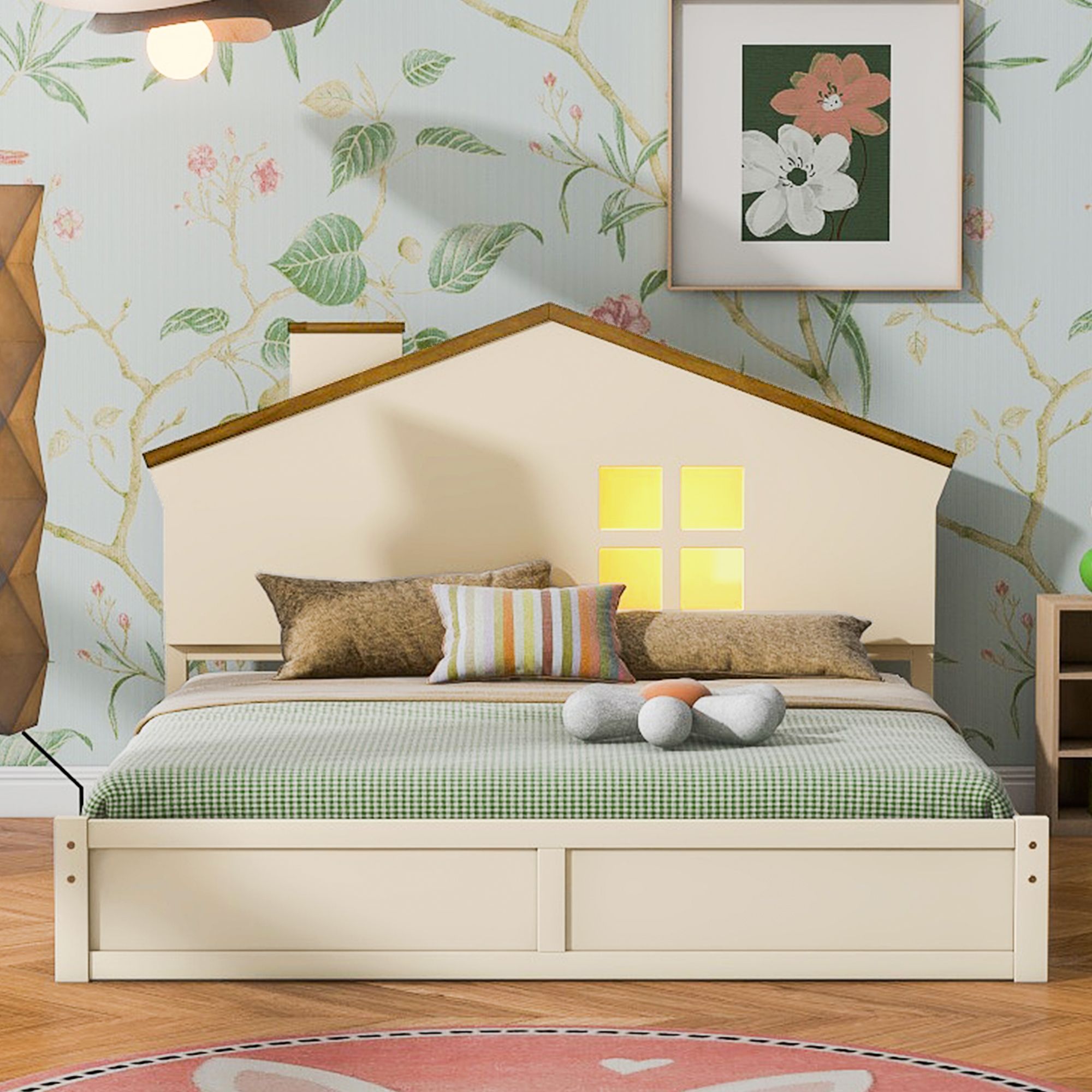 Solid Wood Bed Frame with House-shaped Headboard and Built-in LED, Platform Bed Frame, Mid Century Bedframe, Wood House Bed, Wood Foundation(Walnut, Full)
