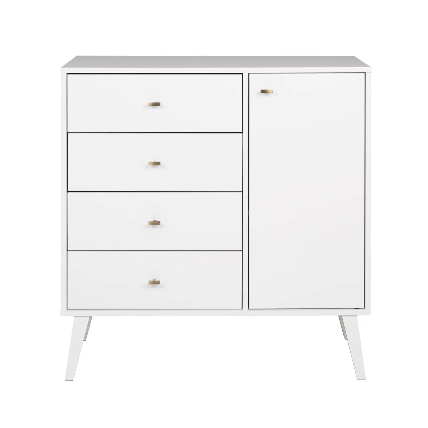 Prepac Milo Mid Century Modern 4-Drawer Chest with Door, White