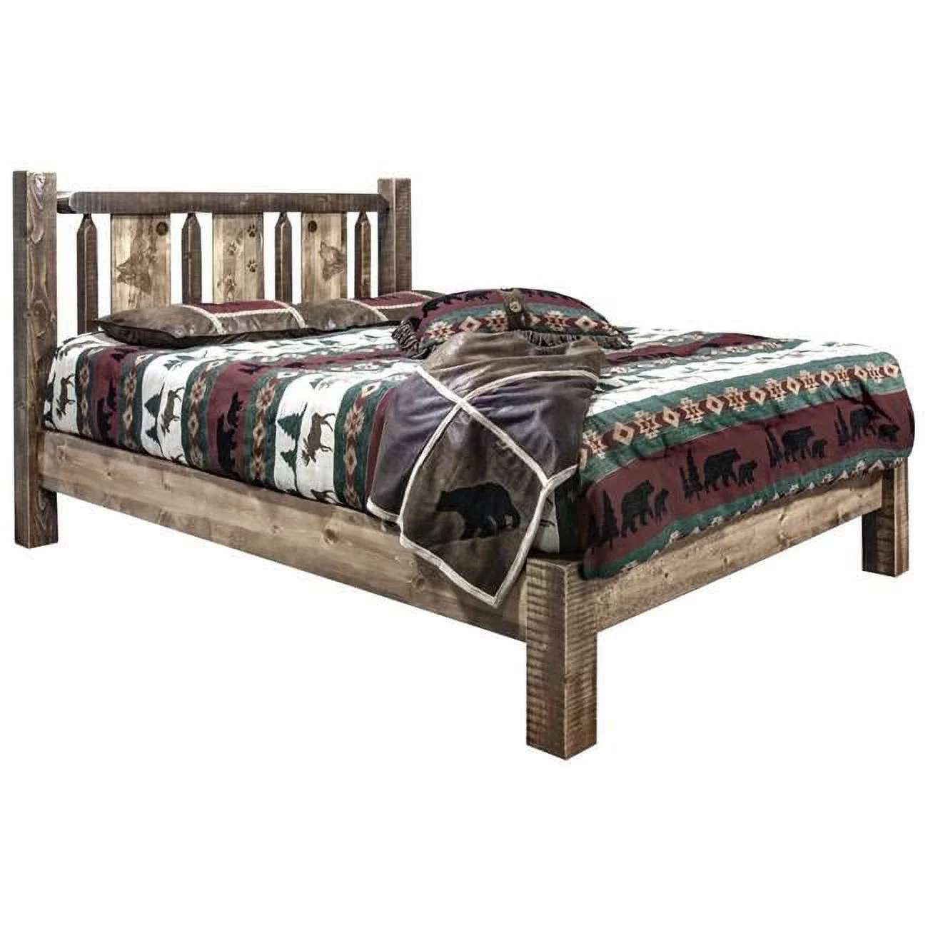 Homestead Platform Bed with Laser Engraved Wolf Design, Stain & Clear Lacquer Finish - Full Size