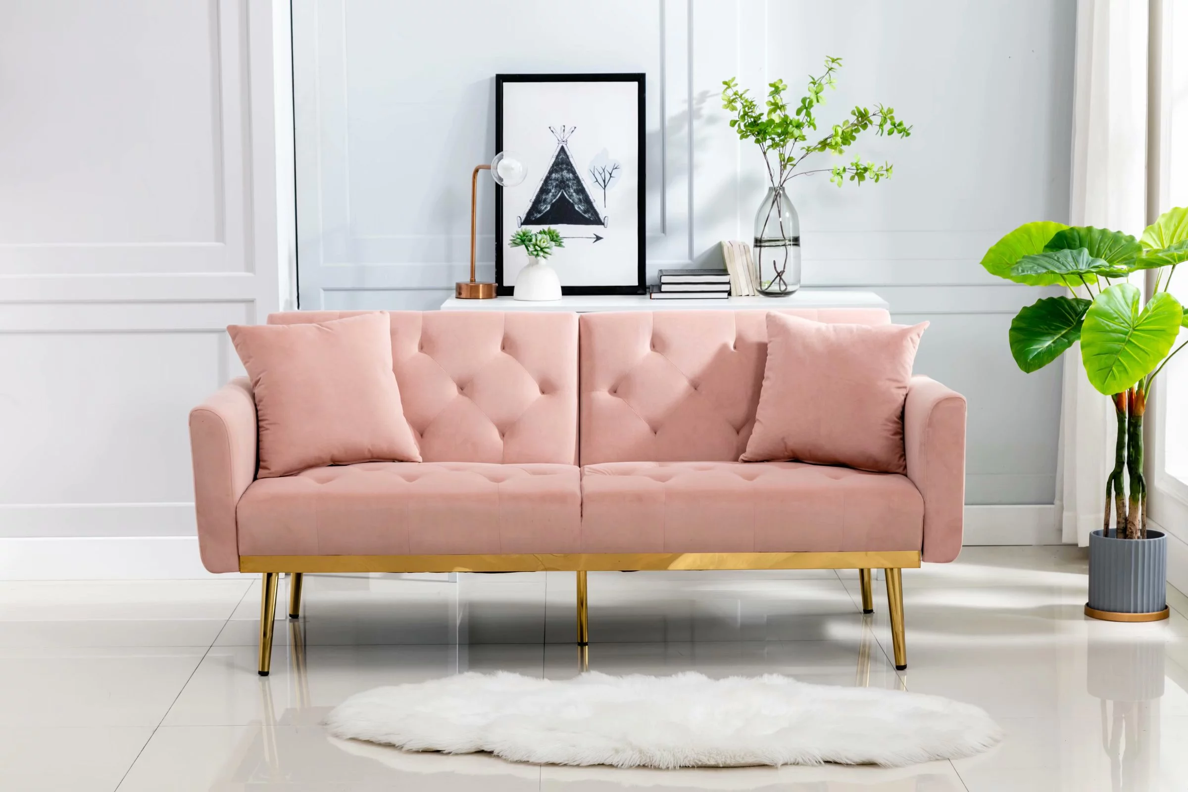 Morden Fort Pink Futon Couch Bed Upholstered Adjustable Convertible Sofa Velvet