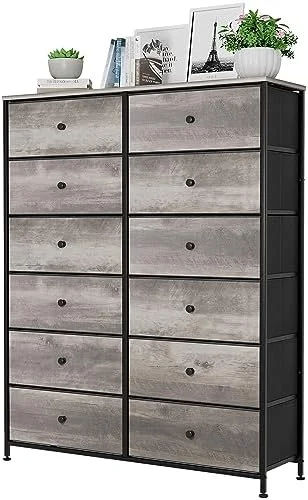 GEROBOOM 12-Drawer Dresser  6-Layer Fabric  Tower w/Textured Print Fabric Bin  Tall Chest Organizer Unit for Bedroom  Living Room  Hallway  Nursery  Closet  Adjustable Feetpad  Wood Top