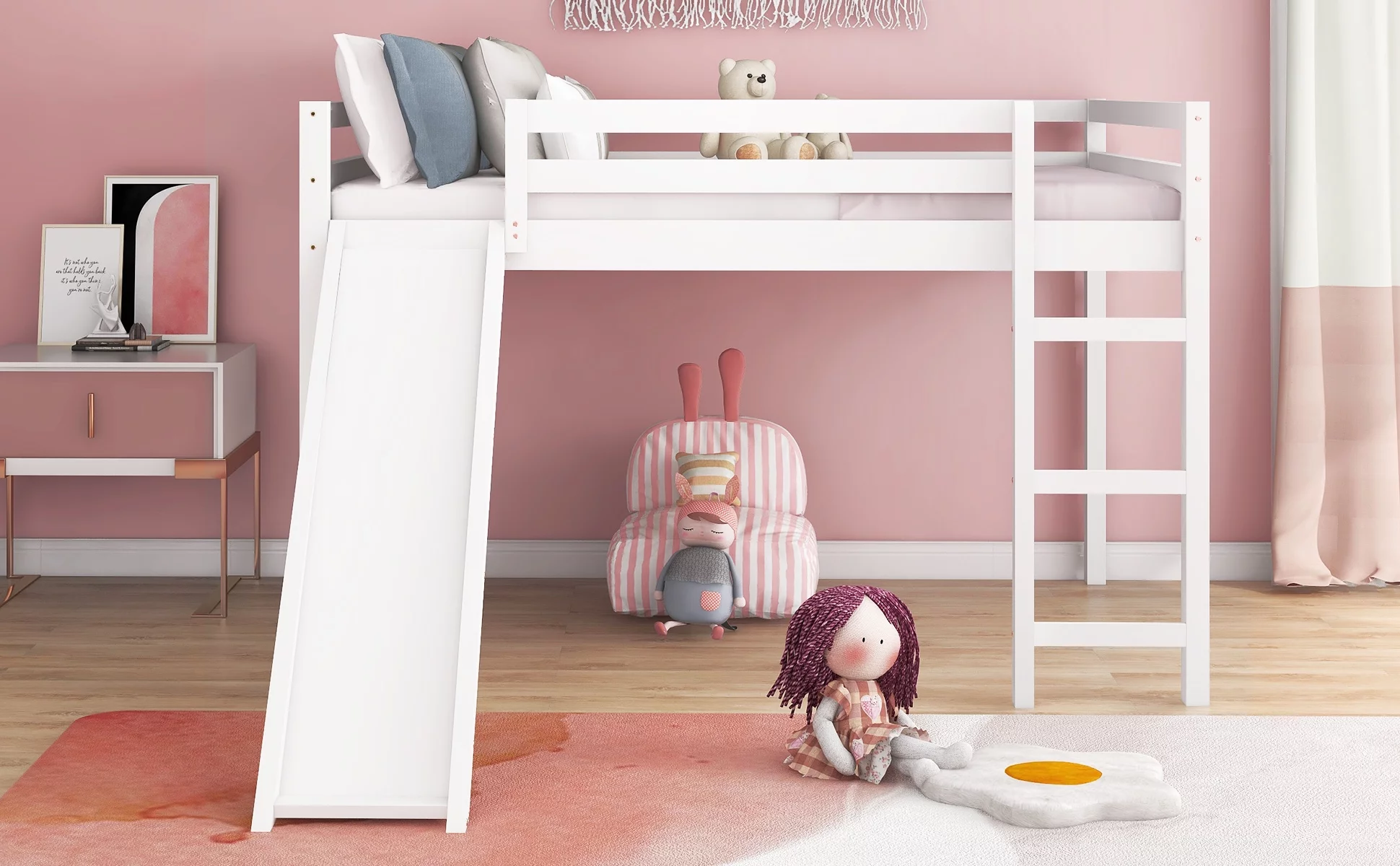 Dcenta Loft Bed with Slide, Multifunctional Design, Full (White)