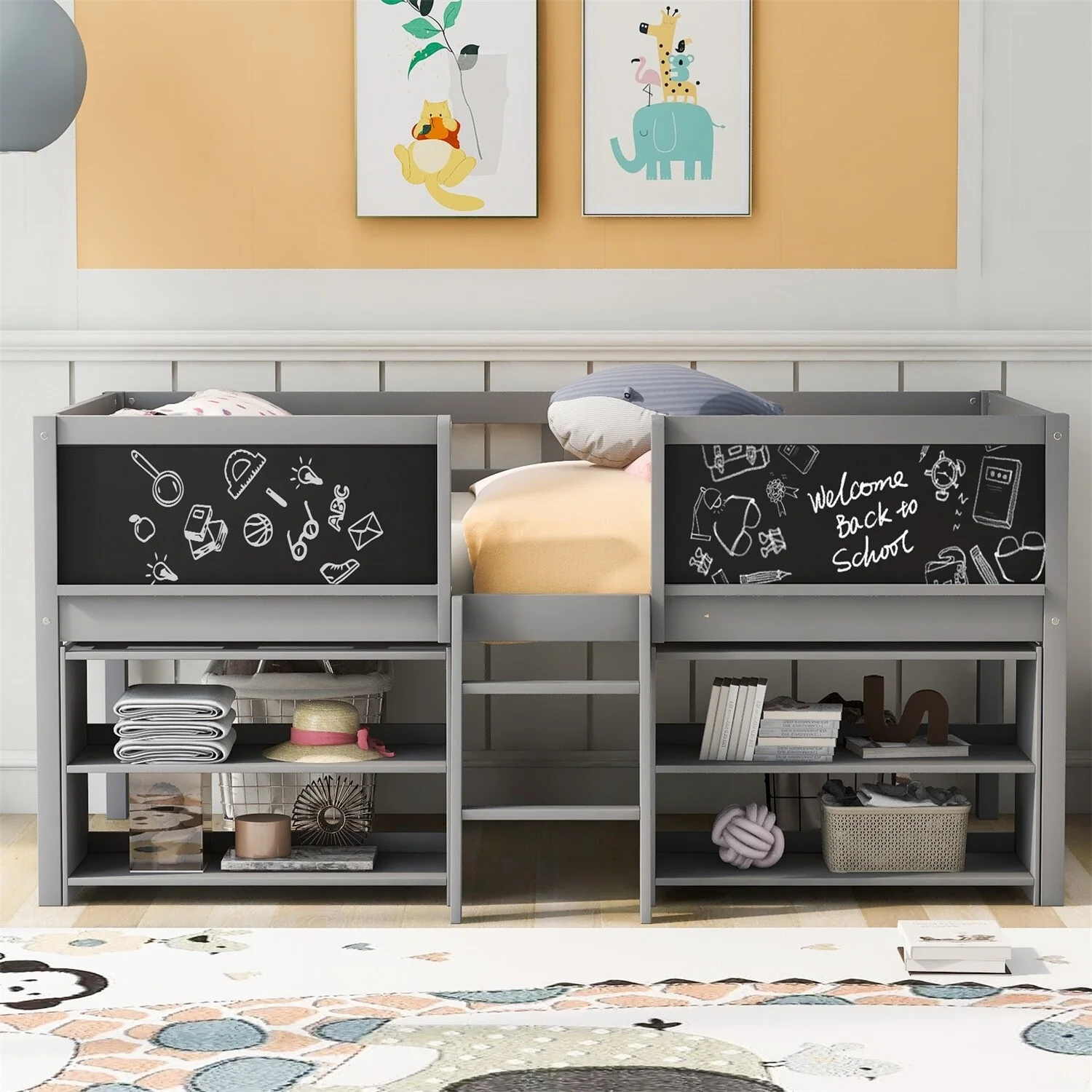 MERAX  Twin Low Loft Bed with Two Movable Shelves& with Decorative Guardrail Chalkboard Grey