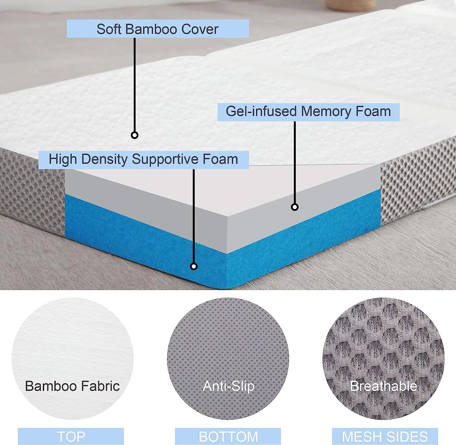 Kingfun Memory Foam Folding Mattress  4 Inch Gel-Infused Foldable Floor Mattress  Breathable Tri-fold Mattress Topper with Bamboo Cover  Soft Folding Foldable Portable Floor Guest Bed (Si