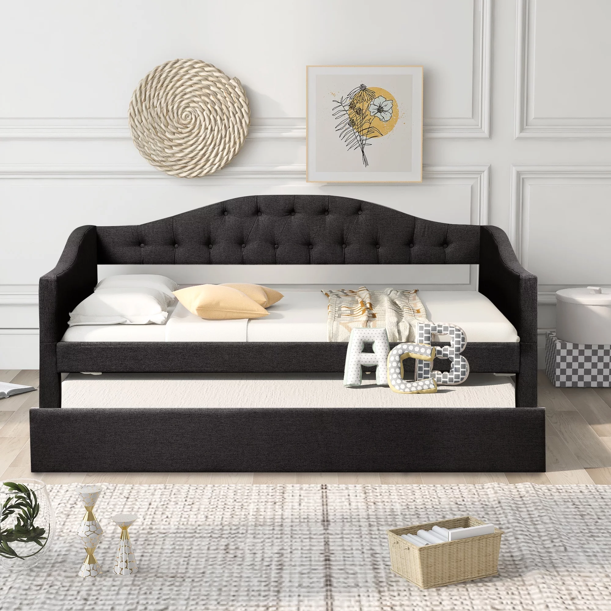 Upholstered Double Sofa Bed with Casters Grey Pull Out Sofa Versatile Guest Bed Ideal for Guest Room or Bedroom (mattress not included)