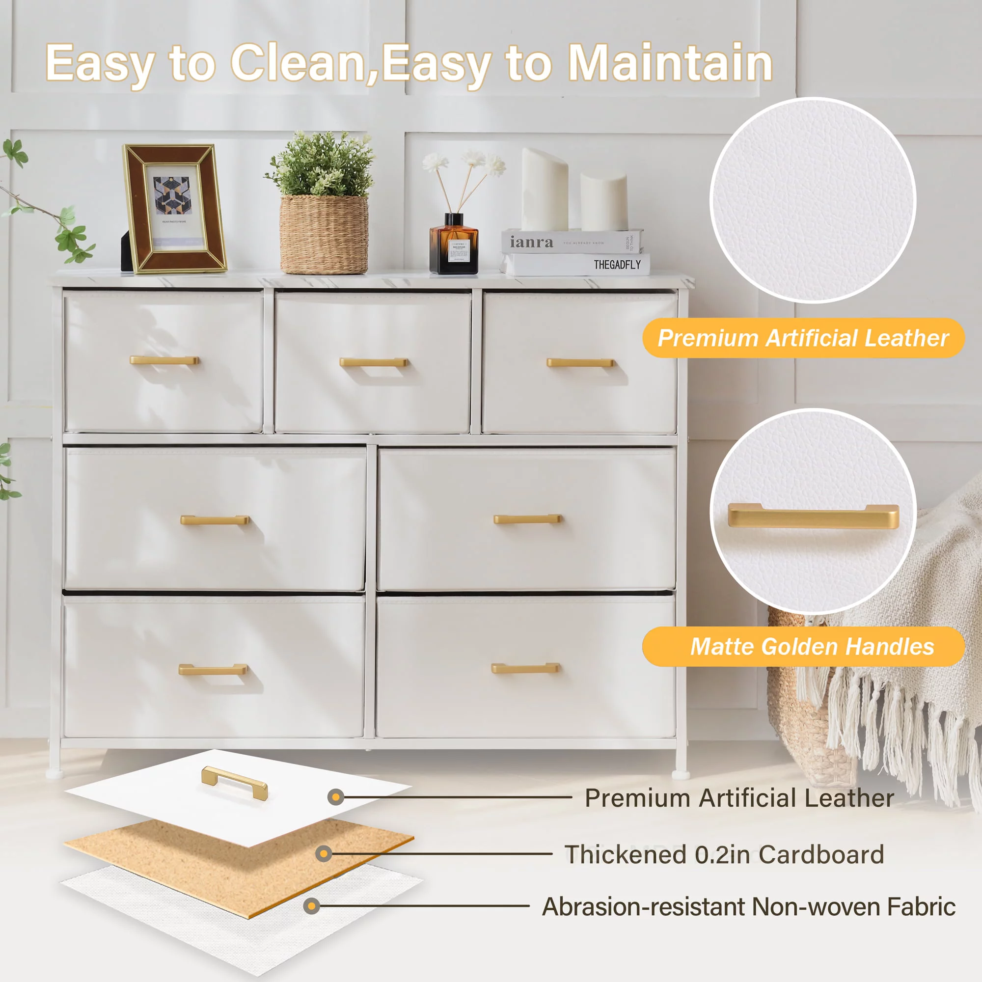 Bigroof 7 Drawer Dresser Accent White Dresser Chest Storage Organizer for Bedroom with Marbled Board and Artificial Leather for Living Room, Hallway, Entryway, Closet, Nursery, Kids Bedroom - Drawer