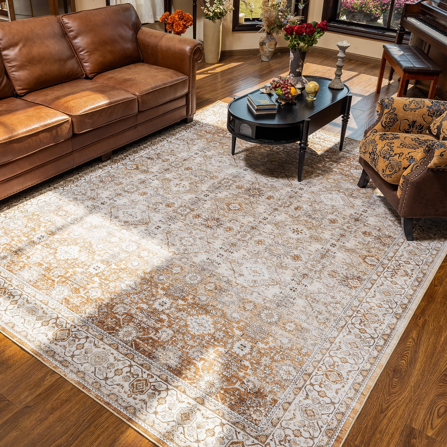 SIXHOME 5'x7' Area Rugs for Living Room Washable Rugs Ombre Vintage Floral Living Room Rug Soft Distressed Indoor Carpet Country Boho Rug for Bedroom Dining Room Kitchen Foldable Nonslip Rug Taupe