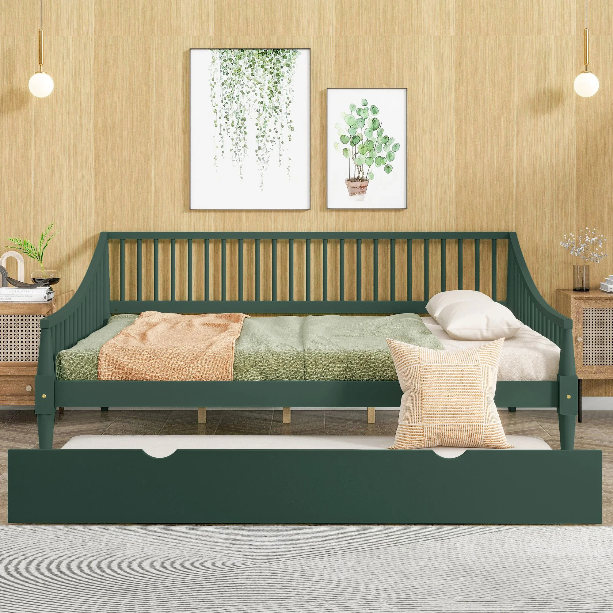 Elegant Design Full Size Daybed with Trundle and Support Legs, Pine Wood Day Bed with Maximized space Office/Living Room/Bedroom, Sturdy Slats Support Wooden for Teens Adults